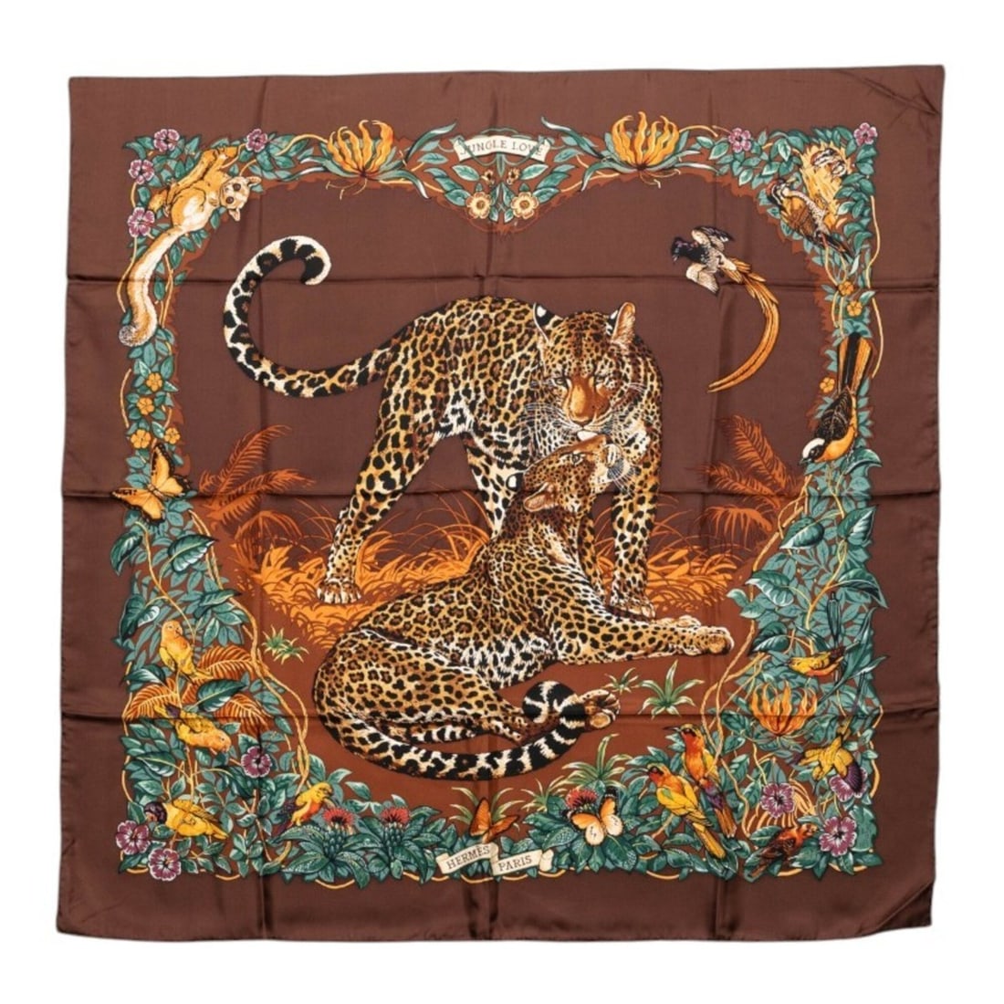 Hermes Carre 90 Jungle Love Scarf/Muffler, Large Size, Brown Silk, Women's.: --- Catalog ---Category: SizeSize (LxW): 90cm x 88cm / 35.43'' x 34.64''Category: DesignType: ScarfColor: BrownGender: WomenMaterial: Silk Category: GeneralBrand: Hermes--- Item List ---Section: Condi