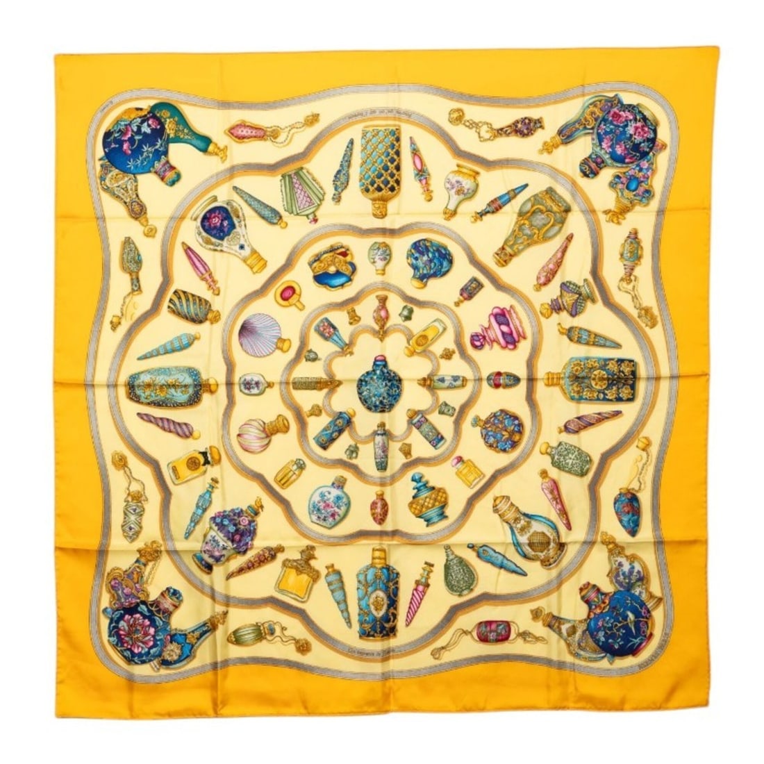 Hermes Carre 90 "Qu importe le flacon" Perfume Bottle Scarf/Muffler, Large Size, Yellow Tones, Silk, (1 of 9)