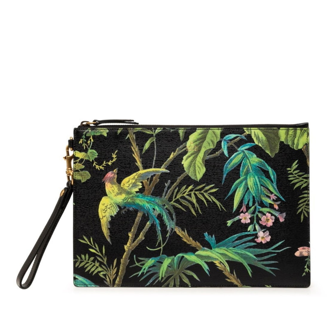 Gucci Tropical Print Clutch Bag, Second 431270, Black/Green Leather, Women's, GUCCI: --- Catalog ---Category: SizeSize (HxWxD): 20.5cm x 30.5cm x 4.00mm / 8.07'' x 12'' x 0.15''Category: DesignType: Clutch bagColor: Black, GreenGender: WomenMaterial: Leather Category: GeneralMPN: 4312
