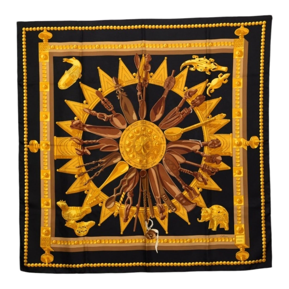 Hermes Carre 90 Cuillers D'AFRIQUE (African Spoons) Scarf/Muffler, Black/Brown Silk, Women's. (1 of 12)