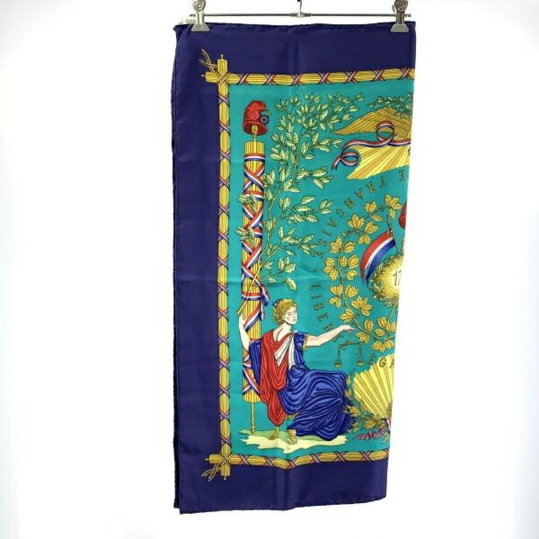 Hermes Carre 90 Scarf/Muffler, Liberte Egalite Fraternite Republique Francaise 1789, Blue: --- Catalog ---Category: SizeSize (LxW): 90cm x 87cm / 35.43'' x 34.25''Category: DesignType: ScarfColor: BlueGender: Women,MenCategory: GeneralBrand: Hermes--- Item List ---Section: ConditionRanking:
