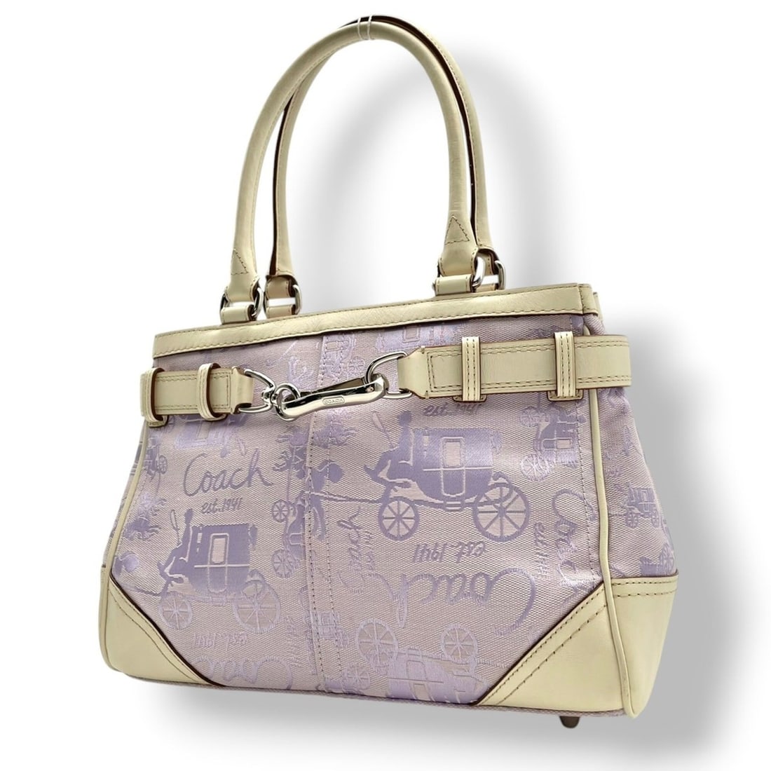Coach Horse and Carriage Handbag Tote Bag Canvas Leather Light Purple Ivory Women's S82: --- Catalog ---Category: SizeSize (HxWxD): 20cm x 30cm x 11cm / 7.87'' x 11.81'' x 4.33''Category: DesignType: Handbag, Tote bagColor: Ivory, Light purpleGender: WomenMaterial: Canvas , Leather Catego