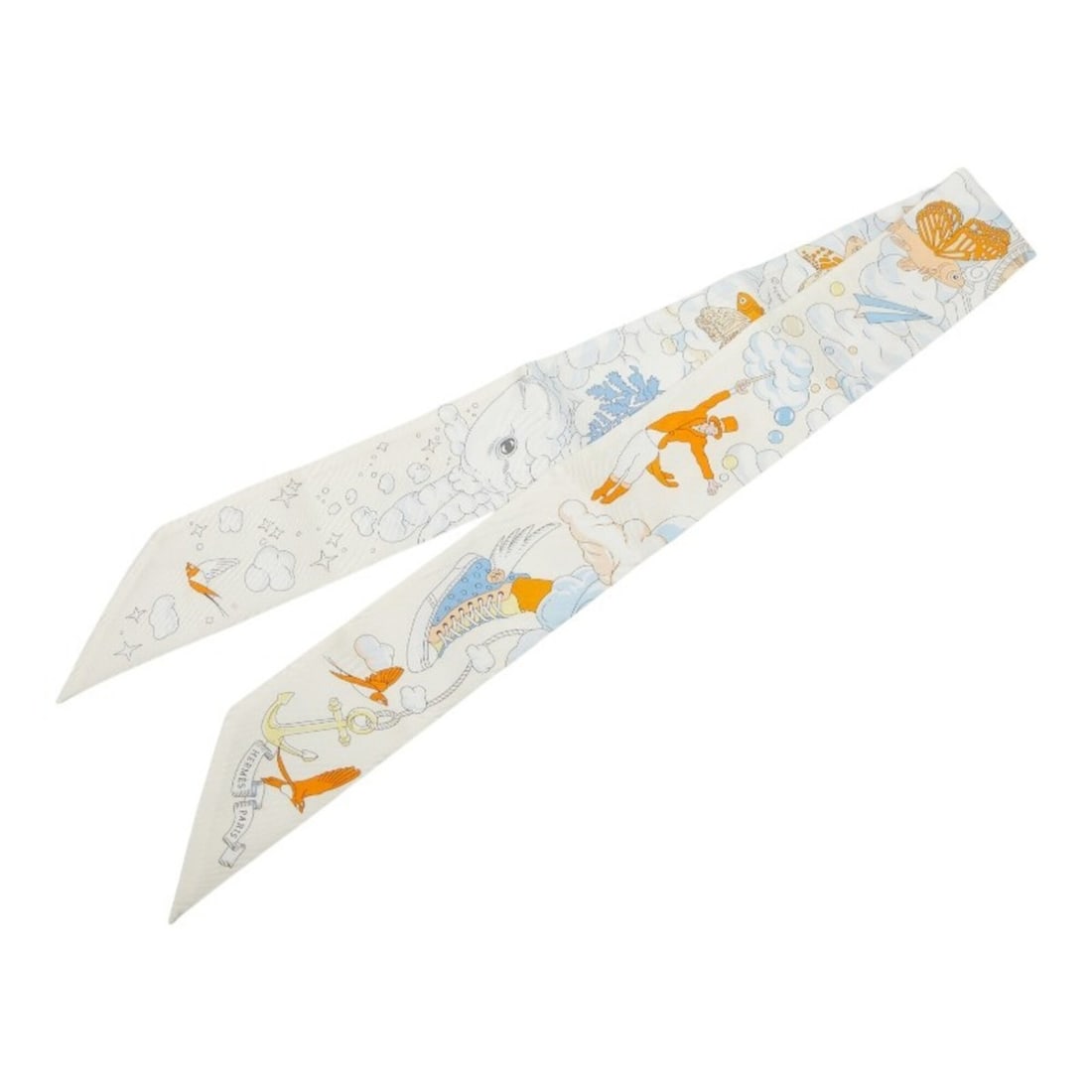 Hermes Twilly Sur Mon Nuage My Cloud Scarf Muffler Ivory Multicolor Silk Women's HERMES: --- Catalog ---Category: SizeSize (LxW): 5.2cm x 89.5cm / 2.04'' x 35.23''Category: DesignType: ScarfColor: Ivory, Multi-colorGender: WomenMaterial: Silk Category: GeneralBrand: Hermes--- Item List --