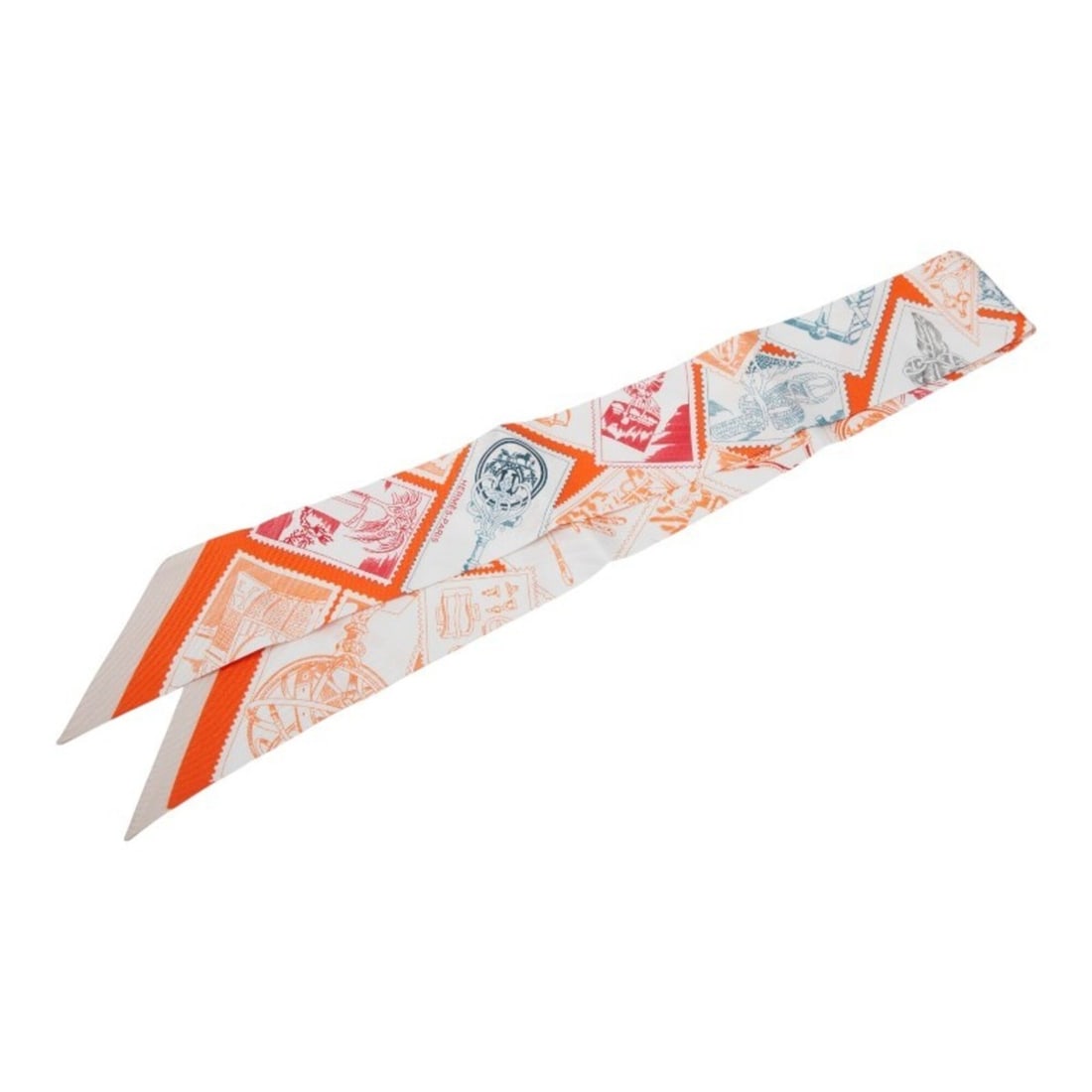 Hermes Twilly Le Philateliste du Faubourg (The Stamp Enthusiast) Scarf/Muffler, Orange Silk, Women's (1 of 10)