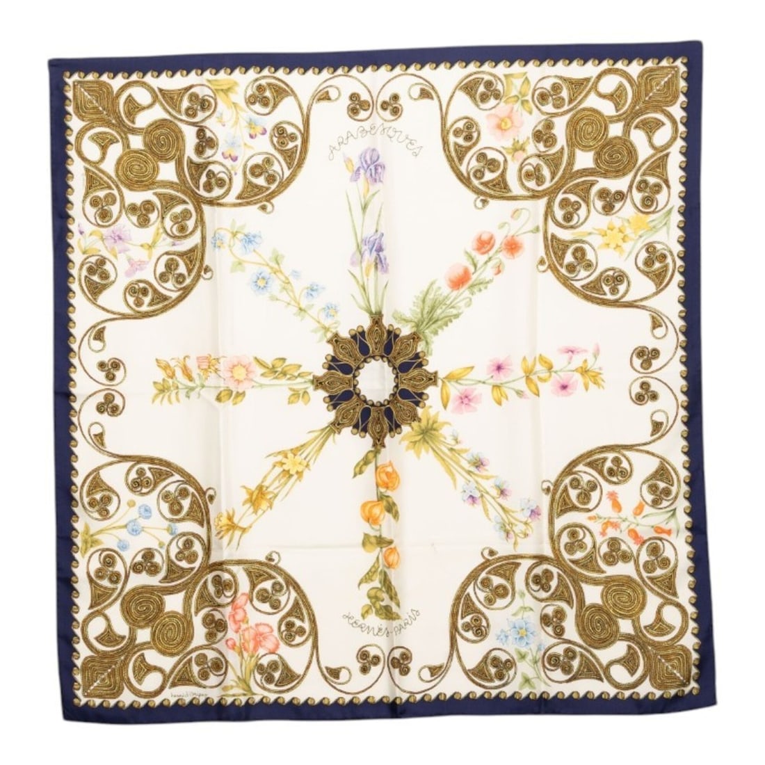 Hermes Carre 90 Arabesque Scarf/Muffler, White Multicolor Silk, Women's: --- Catalog ---Category: SizeSize (LxW): 88.5cm x 88cm / 34.84'' x 34.64''Category: DesignType: ScarfColor: Multi-color, WhiteGender: WomenMaterial: Silk Category: GeneralBrand: Hermes--- Item List --