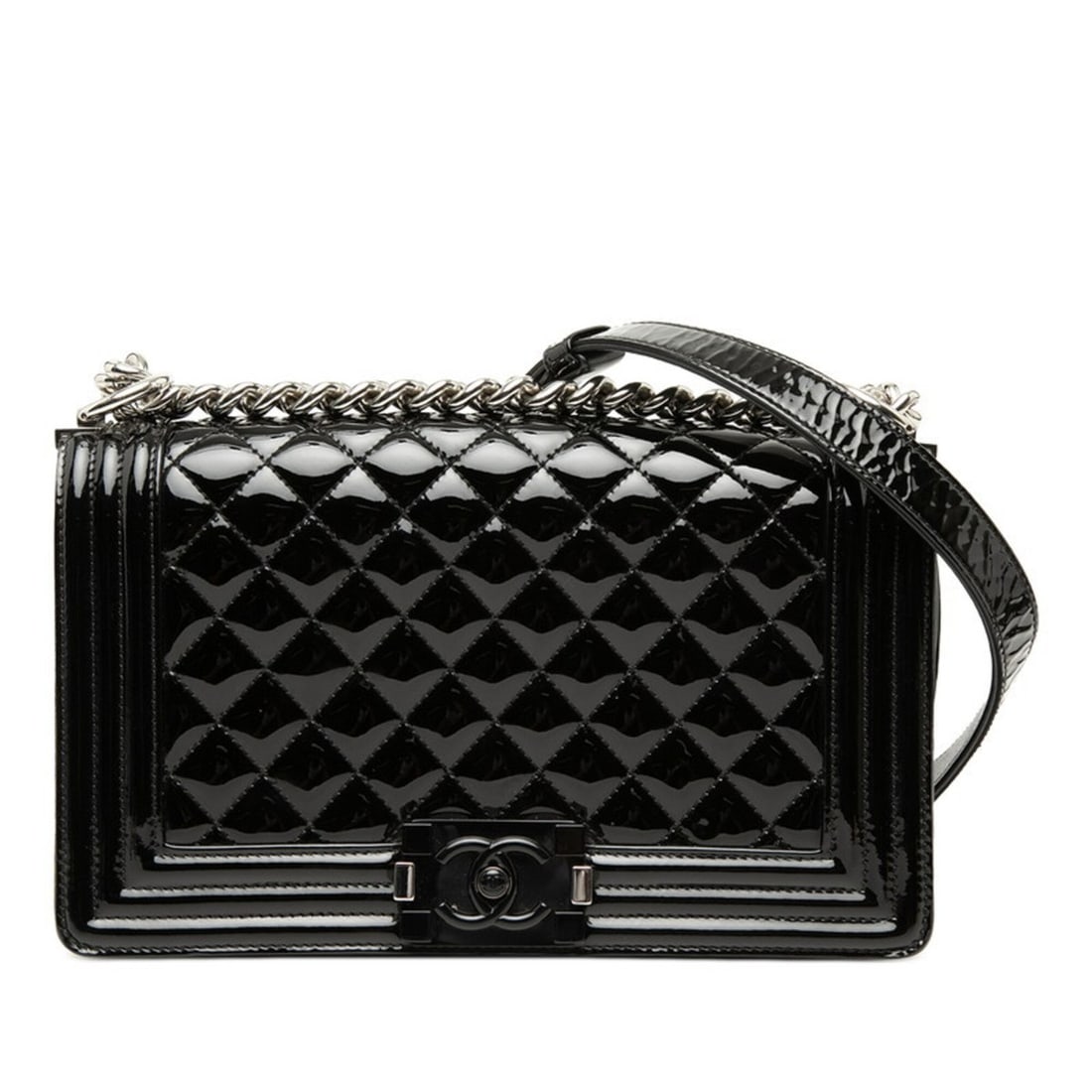 Chanel Coco Mark Boy Chain Shoulder Bag, Black Enamel, Women's CHANEL: --- Catalog ---Category: SizeSize (HxWxD): 15.5cm x 25cm x 6cm / 6.1'' x 9.84'' x 2.36''Category: DesignType: Shoulder bagColor: BlackGender: WomenMaterial: Leather Leather/Fur Type: Enamel LeatherCat