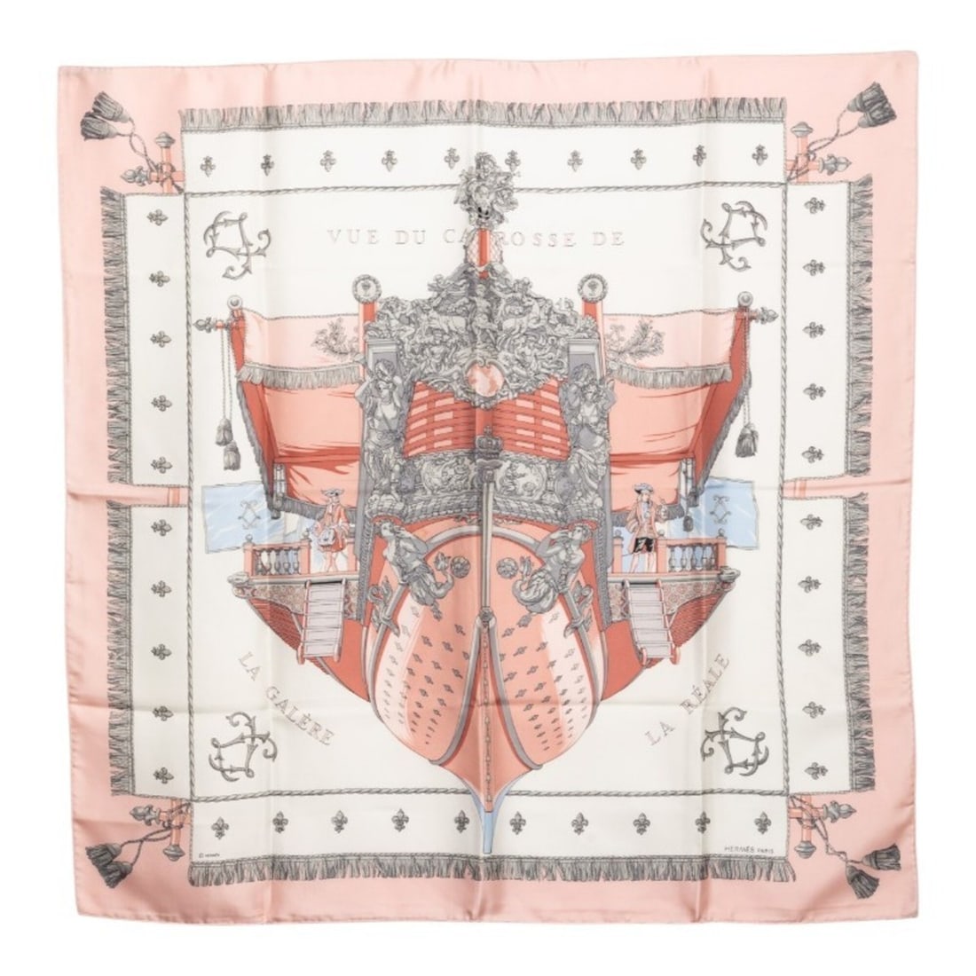 Hermes Carre 90 Queen's Coronation VUE DU CARROSSE DE LA GALERE REALE Scarf Muffler Pink White Silk: --- Catalog ---Category: SizeSize (LxW): 88cm x 87.5cm / 34.64'' x 34.44''Category: DesignType: ScarfColor: Pink, WhiteGender: WomenMaterial: Silk Category: GeneralBrand: Hermes--- Item List ---Sectio