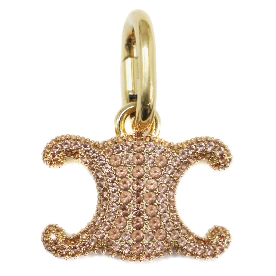 CELINE Triomphe Strass & Gold Finish Pendant Top Keychain Pave Crystal Brass Women's: --- Catalog ---Category: SizePendant Size: 40mm x 30mm / 1.57'' x 1.18''Category: DesignColor: GoldGender: WomenNecklace Type: PendantCategory: GeneralBrand: CelineCountry of Origin: Italy--- Item Lis