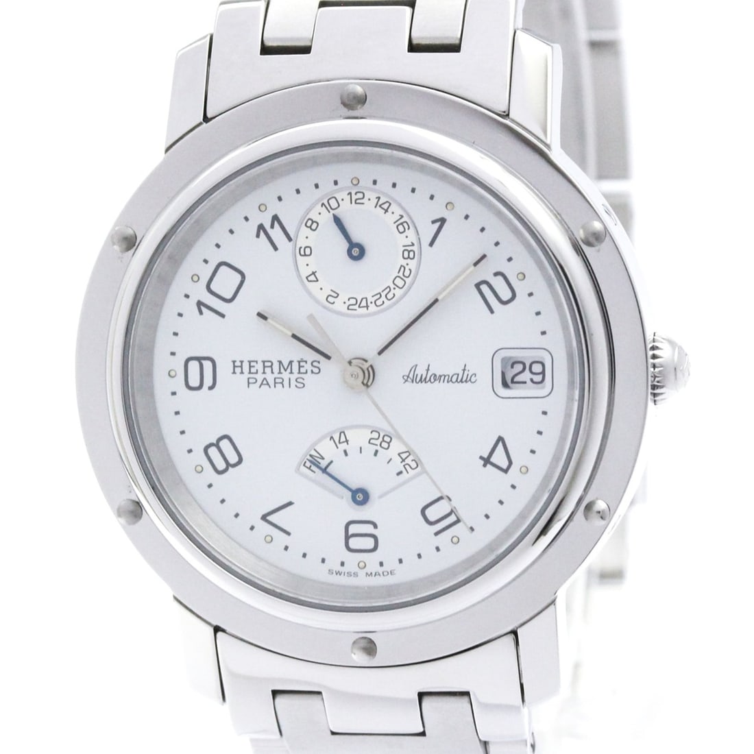 HERMES Clipper Power Reserve Steel Automatic Watch CL5.710 Polished: --- Catalog ---Category: SizeCase Diameter: 36mm / 1.42''Category: DesignType: WristwatchStyle: SportGender: MenColor (Dial): WhiteMaterial (Band): Stainless steelMaterial (Case): Stainless steelCateg