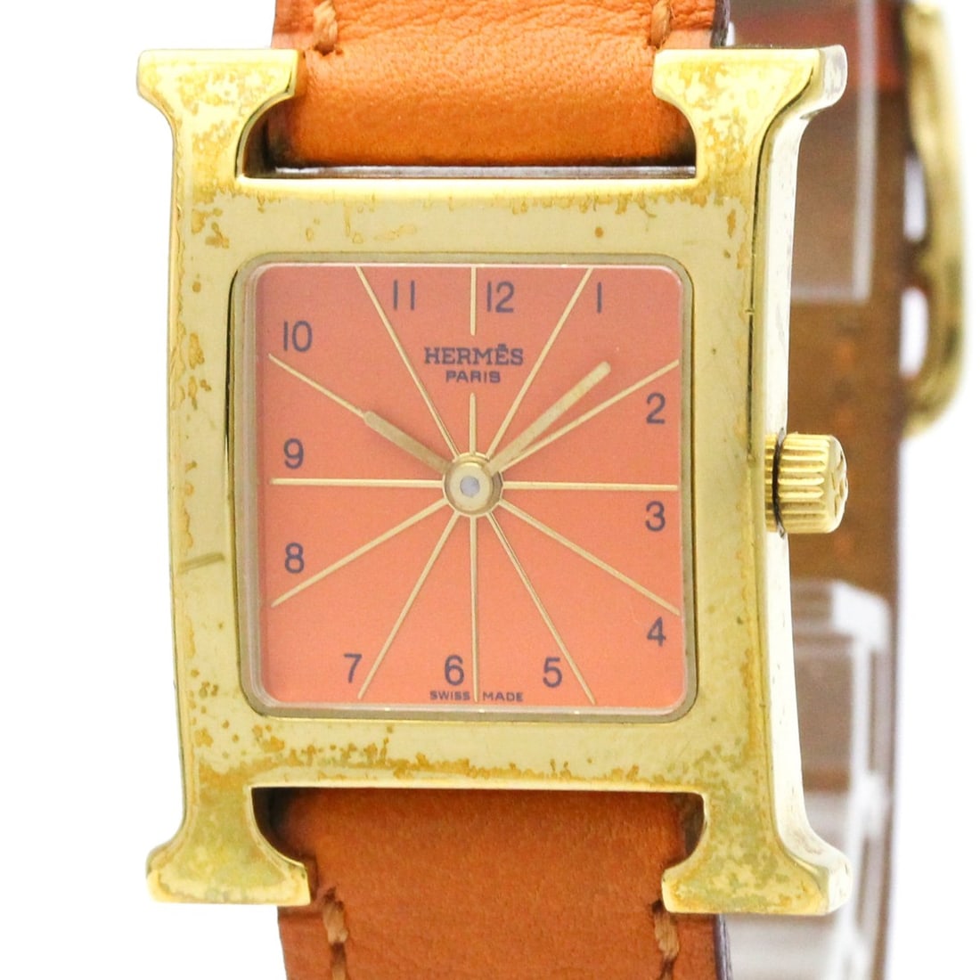 HERMES H Watch Gold Plated Leather Quartz Ladies Watch HH1.201: --- Catalog ---Category: SizeCase Diameter: 21mm / 0.83''Category: DesignType: WristwatchStyle: Dress/FormalGender: WomenColor (Dial): OrangeMaterial (Band): LeatherMaterial (Case): Gold platedCategor