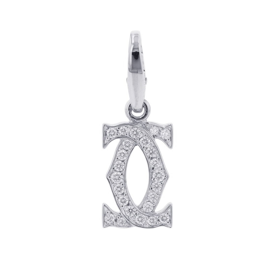 Cartier pendant top, 2C charm, diamond, 18K white gold.: --- Catalog ---Category: SizePendant Size: 25.2mm x 9.1mm / 0.99'' x 0.35''Category: DesignGender: WomenMaterial: White gold (18K)Necklace Type: PendantCategory: GeneralBrand: Cartier--- Item List ---