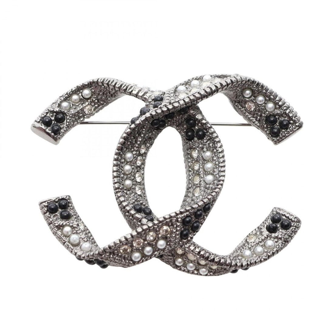 Chanel Coco Mark Brooch Accessory, Stainless Steel with Rhinestones, Women's, Silver, Black, Clear: --- Catalog ---Category: SizeSize (HxWxD): 4.2cm x 5.7cm / 1.65'' x 2.24''Category: DesignType: BroochColor: Black, Clear, SilverGender: WomenMaterial: Rhinestone, Stainless steelCategory: GeneralBran