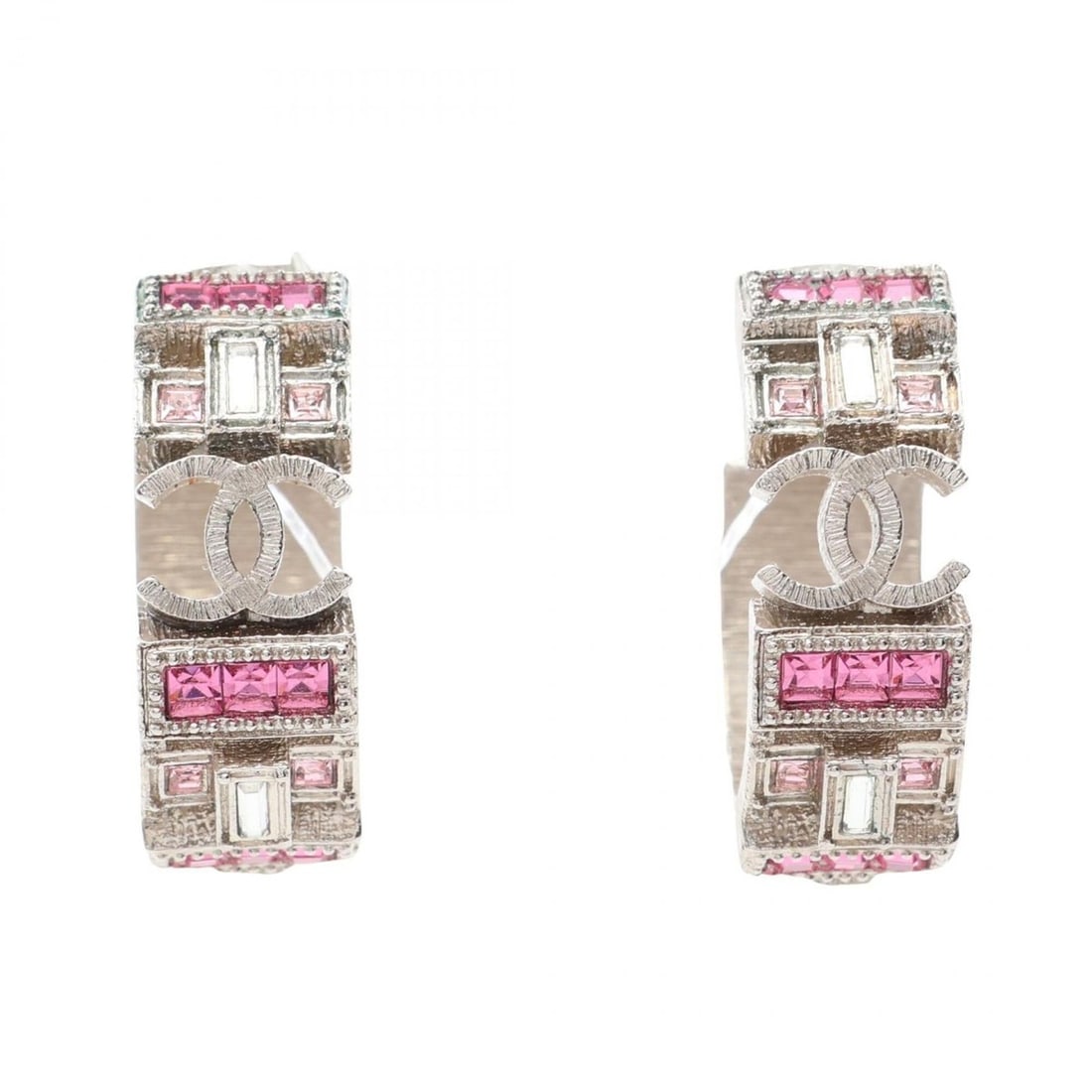 Chanel Coco Mark Earrings, Stainless Steel with Rhinestones, Women's, Silver, Pink, Clear.: --- Catalog ---Category: SizeSize (HxWxD): 22.00mm x 8.00mm / 0.87'' x 0.31''Category: DesignType: Stud earringsColor: Clear, Pink, SilverGender: WomenMaterial: Rhinestone, Stainless steelCategory: Ge