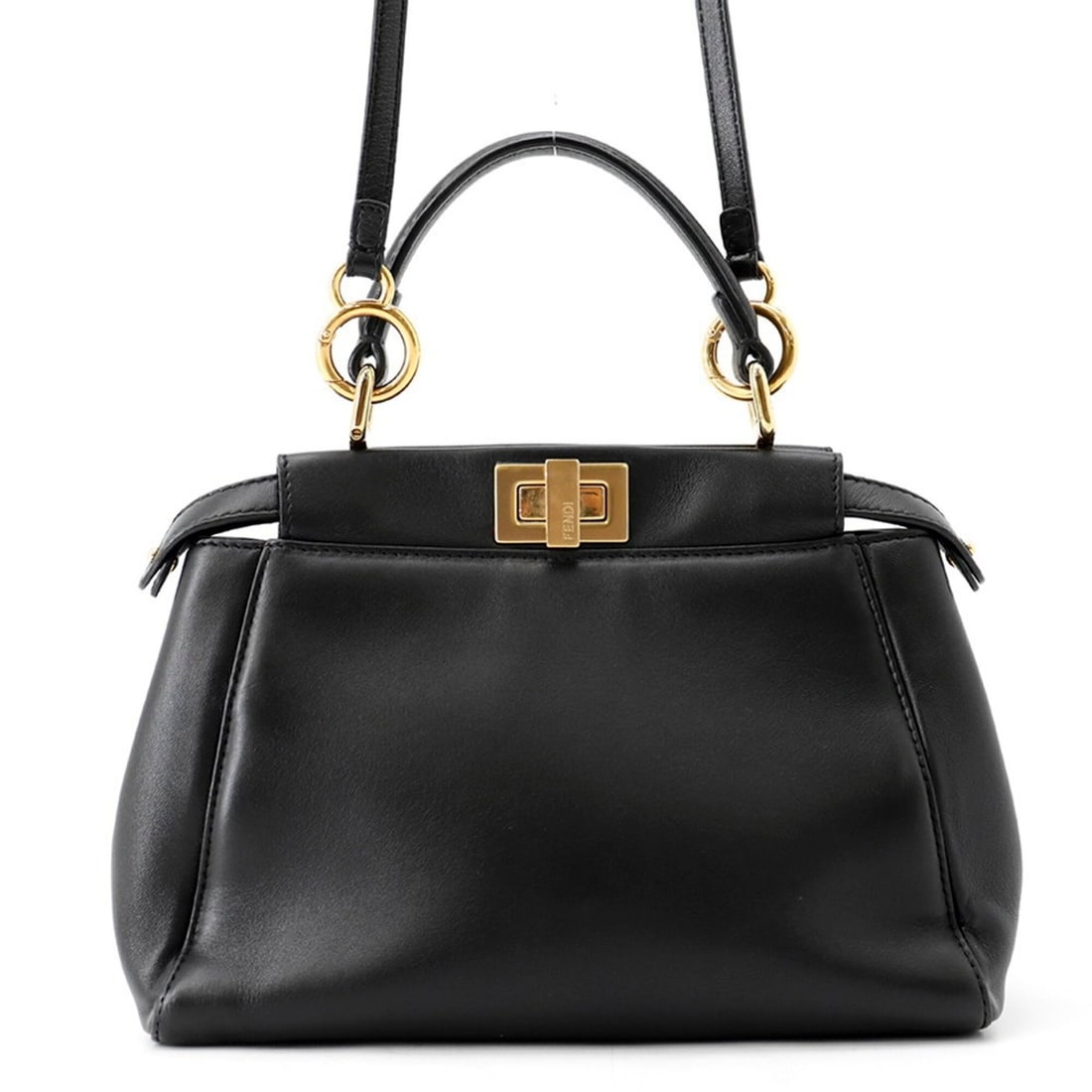 Fendi Peekaboo Mini Leather Handbag 8BN244 FENDI 2-way Shoulder Bag Black: --- Catalog ---Category: SizeSize (HxWxD): 18cm x 23.5cm x 11cm / 7.08'' x 9.25'' x 4.33''Category: DesignType: Handbag, Shoulder bagColor: BlackGender: WomenMaterial: Leather Hardware Color: GoldCate