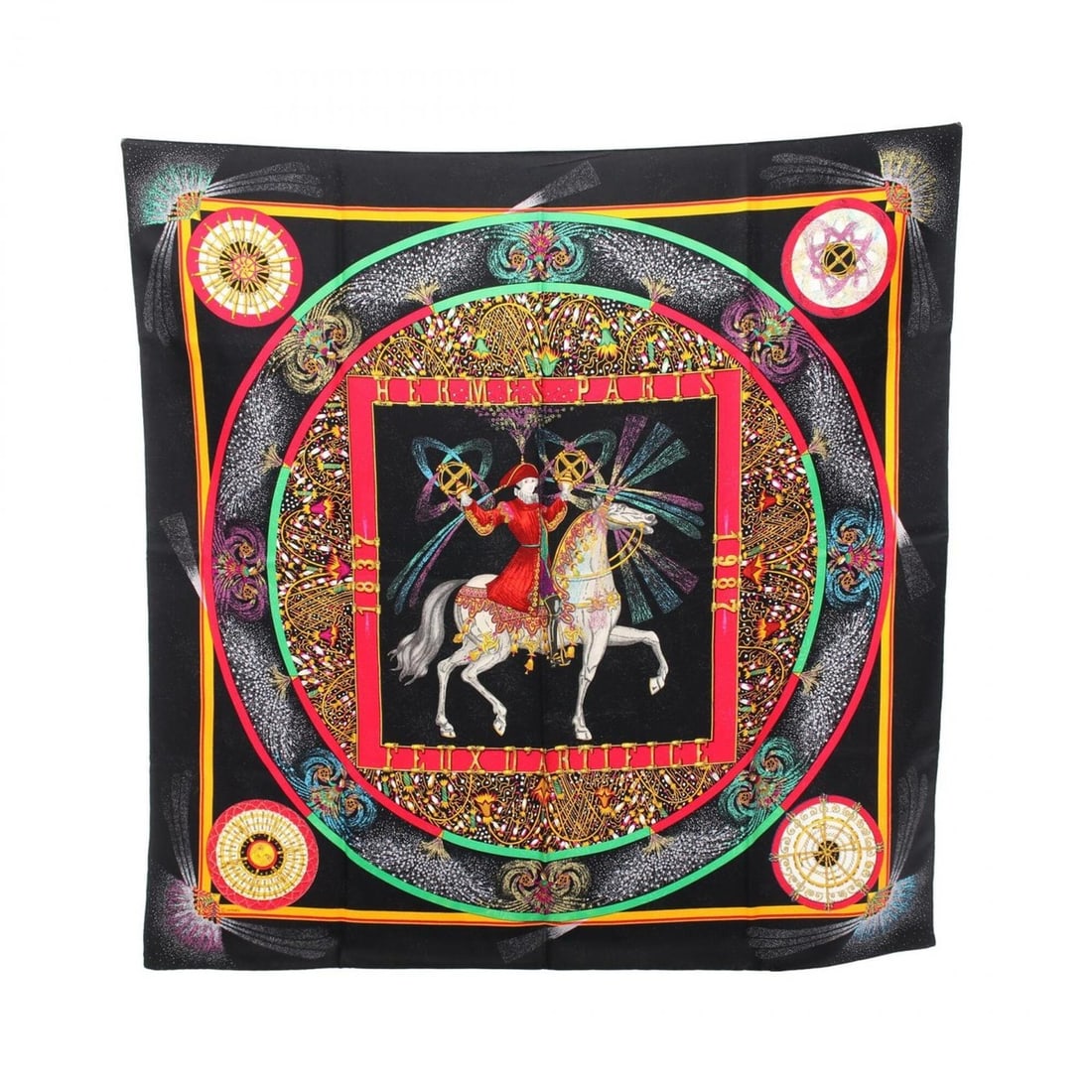 Hermes Carre 90 Feux D'Artifice Scarf/Muffler, Silk, Women's, Black/Multicolor: --- Catalog ---Category: SizeSize (LxW): 89cm x 89cm / 35.03'' x 35.03''Category: DesignType: ScarfColor: Black, Multi-colorGender: WomenMaterial: Silk Category: GeneralBrand: Hermes--- Item List ---S