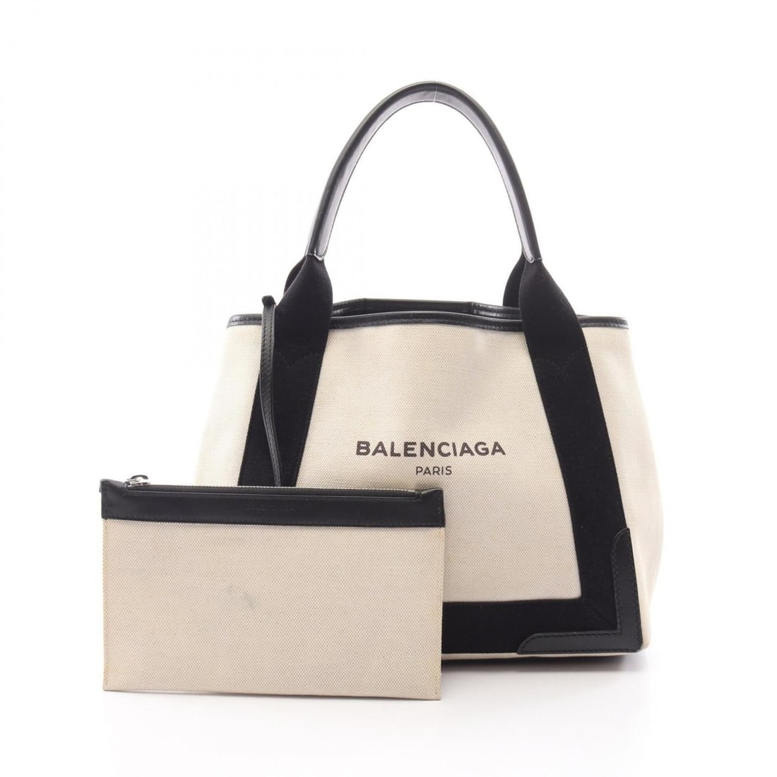 Balenciaga Navy Cabas S Tote Bag Handbag, Canvas and Leather, Women's, Ivory/Black, 339933: --- Catalog ---Category: SizeSize (HxWxD): 22cm x 30cm x 18cm / 8.66'' x 11.81'' x 7.08''Category: DesignType: Handbag, Pouch, Tote bagColor: Black, IvoryGender: WomenMaterial: Canvas , Leather Catego