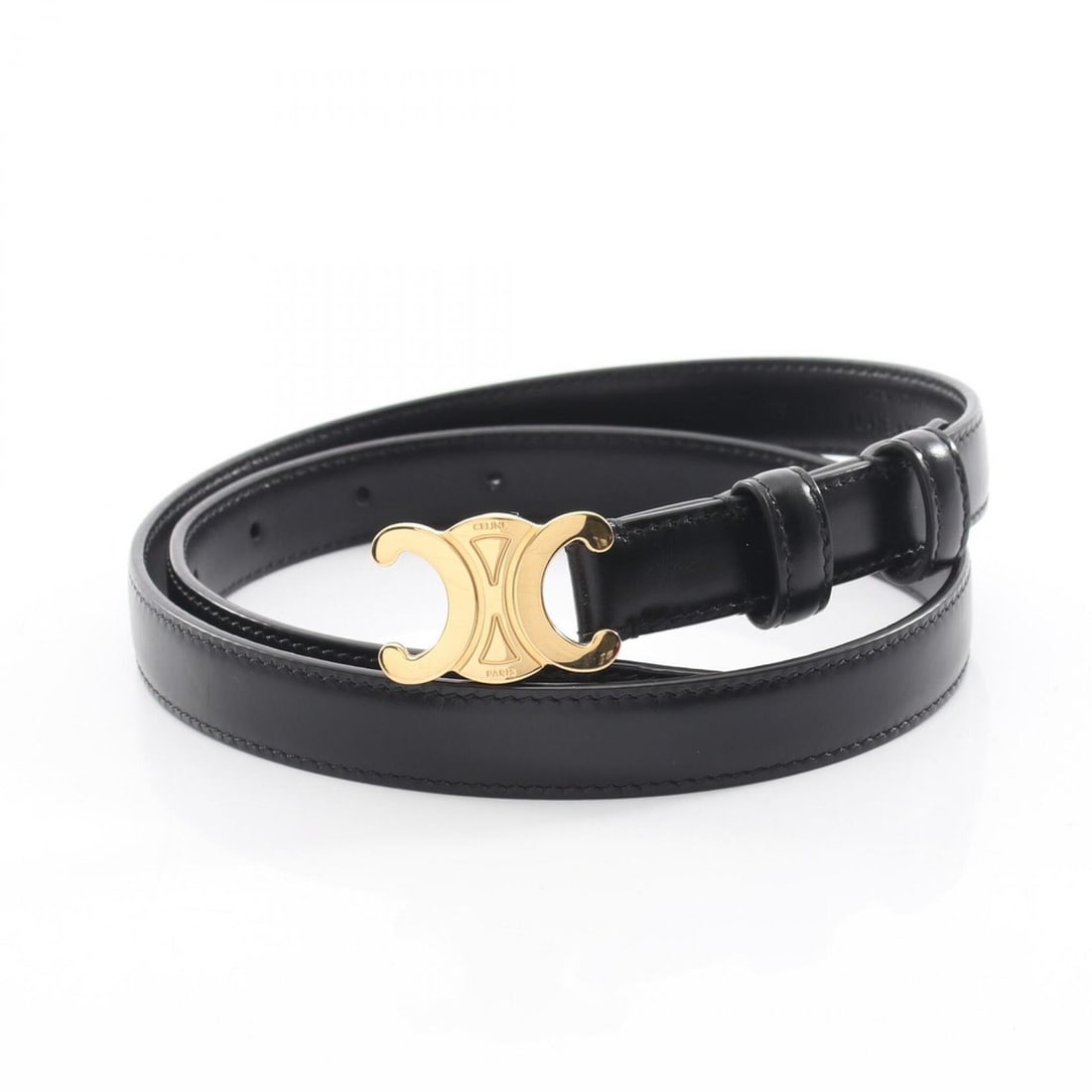 Celine Triomphe Gold Hardware Leather Belt for Women, Black: --- Catalog ---Category: SizeWidth: 1.8cm / 0.7''Length: 66cm - 76cm / 25.98'' - 29.92''Category: DesignType: Standard beltColor: BlackGender: WomenEmbellishment: AbrasionMaterial (Strap): Leather Cat