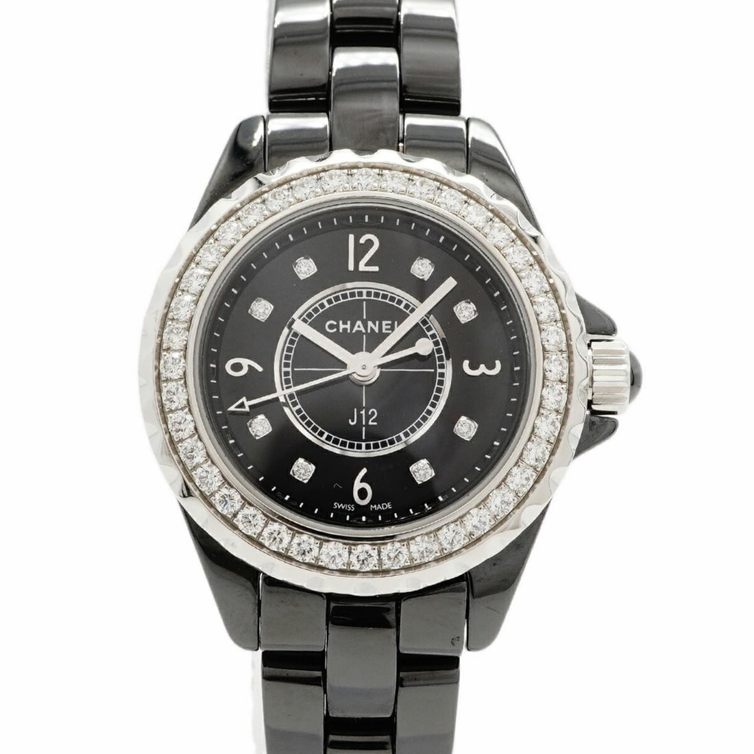 Chanel J12 Diamond H2571 Black Dial Women's Watch: --- Catalog ---Category: SizeWrist Size: 16cm / 6.29''Case Diameter: 28.7mm / 1.13''Category: DesignType: WristwatchGender: WomenColor (Dial): BlackMaterial (Band): CeramicCategory: GeneralMPN: H2571B