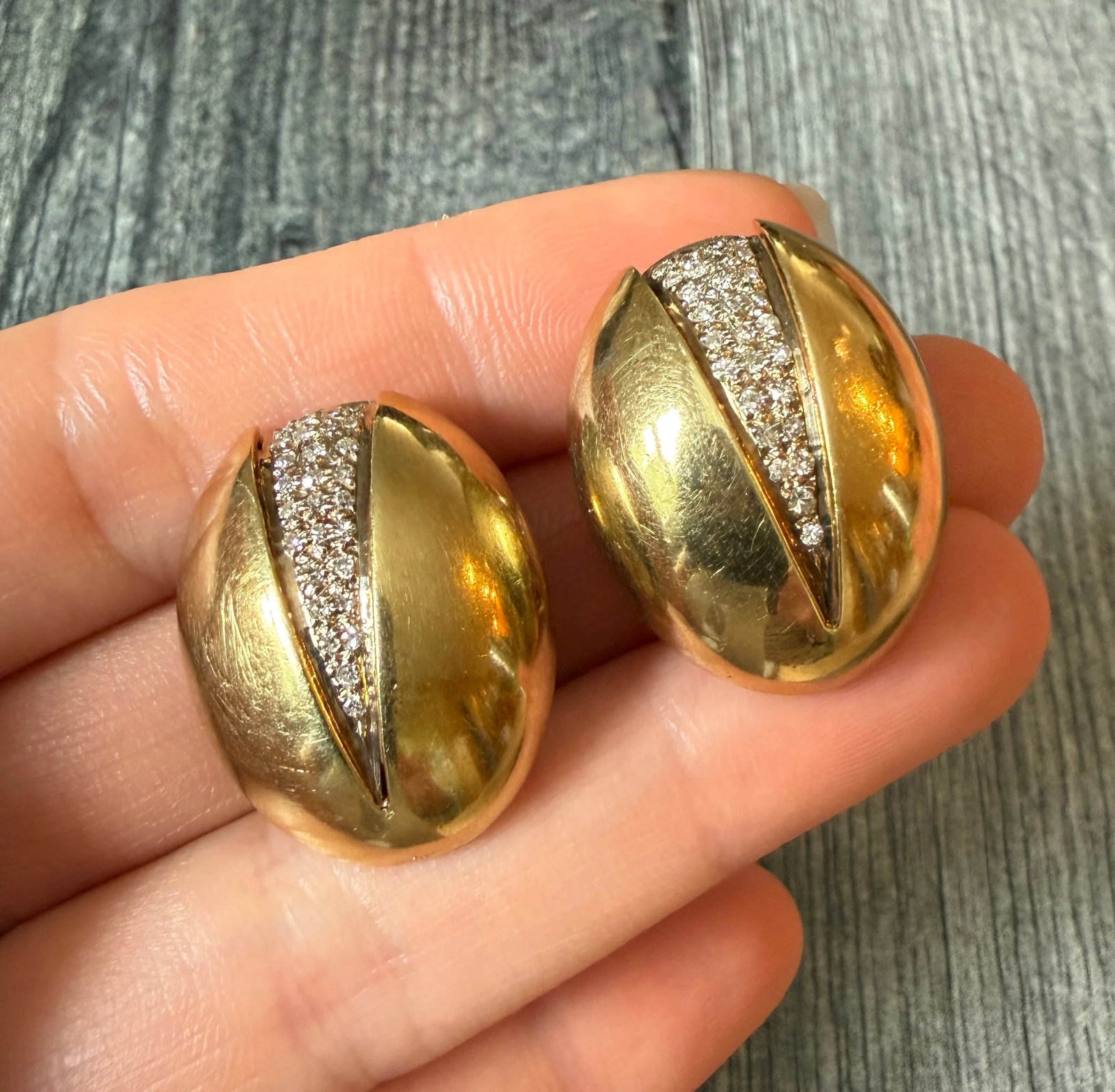 Large Diamond Chestnut Style Dome Earrings in 14K Gold (M): Metal: 14K Yellow Gold Weight: 17.5 gramsDiamonds: Approximately 0.44 caratsMeasurements: 1.1 inches long by 0.8 inches wideMarkings: "14"Condition: In very good condition with some minor surface