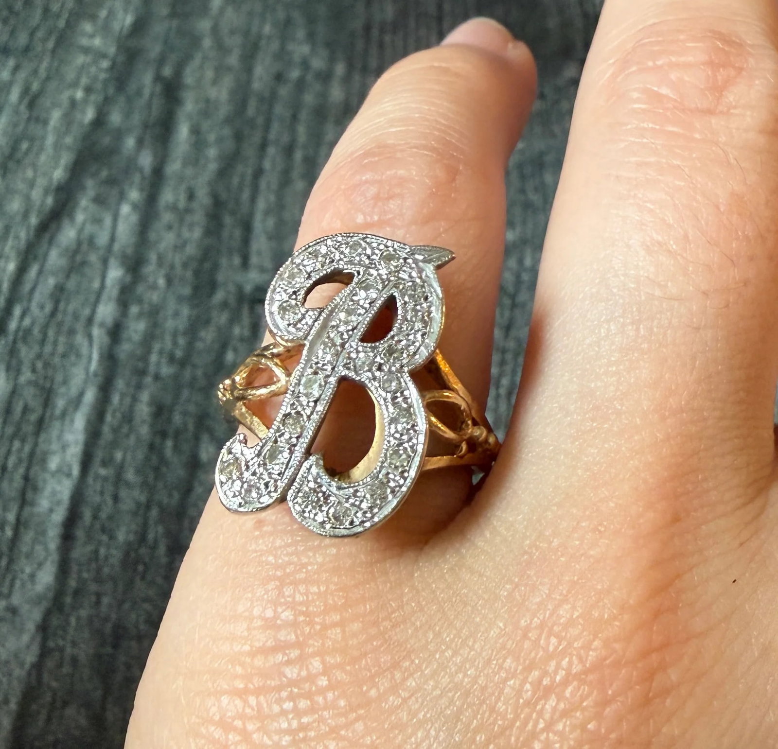 Large Diamond and 14K Gold Initial B Ring: Metal: 14K GoldWeight: 5.9 gramsRing Size: 6 (resizable)Condition: In very good vintage condition with only minor surface wear
