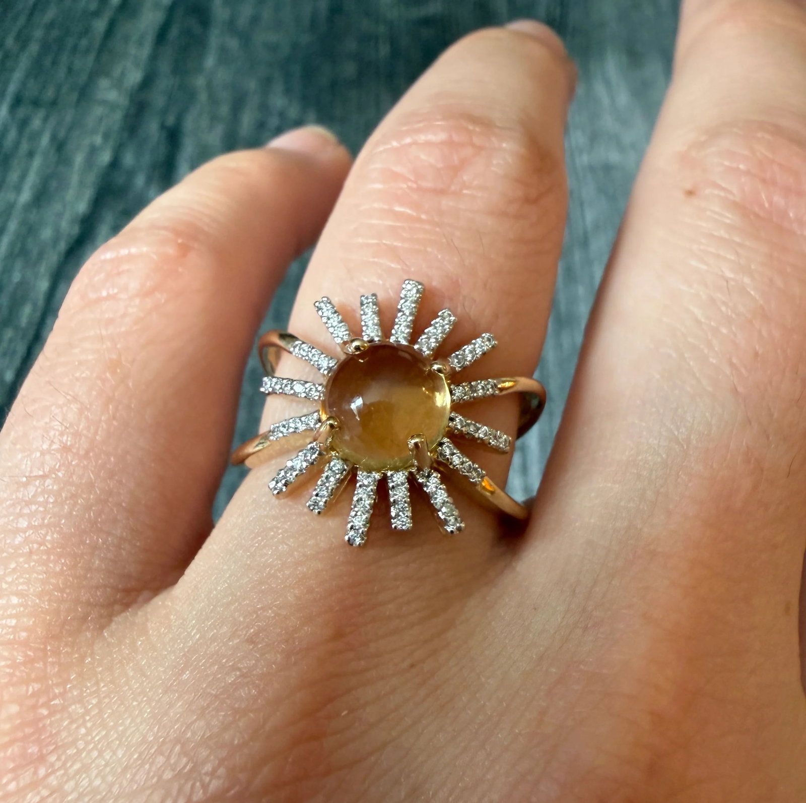 Citrine and Diamond Sunburst Ring in 10K Gold (A): Metal: 10K Yellow Gold (acid tested)Weight: 3.8 gramsRing Size: 7.25 (resizable)Condition: In good condition with some minor surface wearFollow us on Instagram @alphaomegajewelry for the latest update