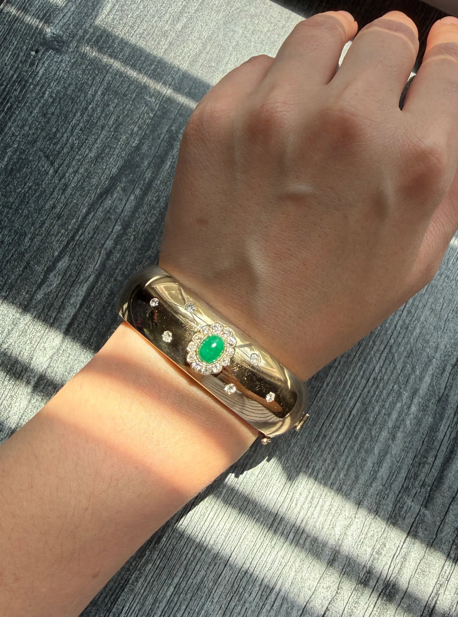 Wide Emerald and Diamond Bangle Bracelet in 14K Gold (1 of 1)