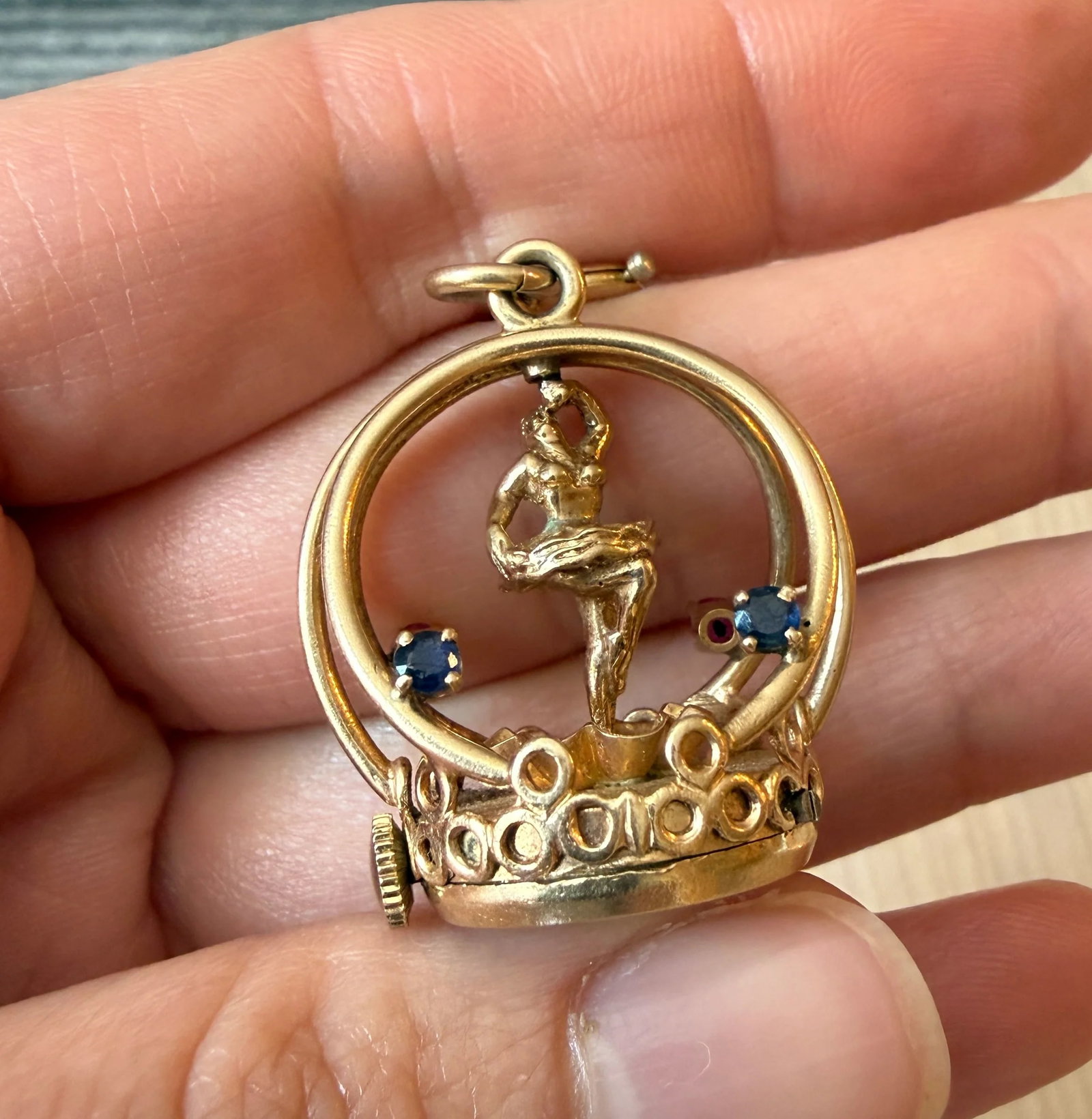 1960s Dankner "Living Charm" Spinning Ballerina in 14K Gold: A circa 1960s highly collectible ballerina charm from Dankner's "Living Charm" collection. Metal: 14K Yellow GoldWeight: 13.8 gramsMeasurements: 1.2" long (not including the bale or bolt ring) by 1" w