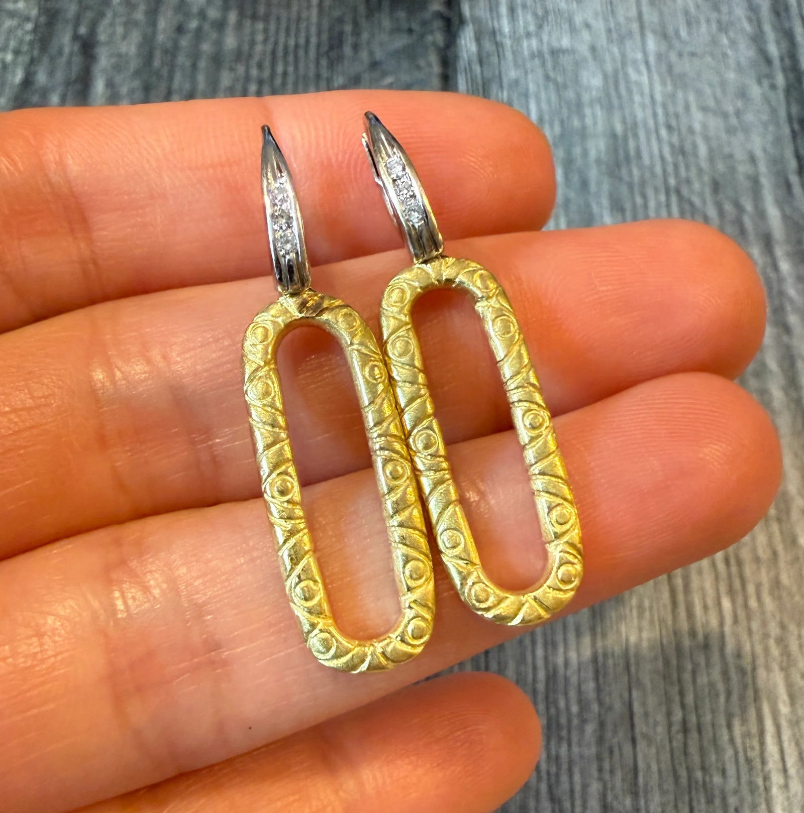 Diamond and 18K Bicolor Gold Oval Drop Dangle Earrings (1 of 1)