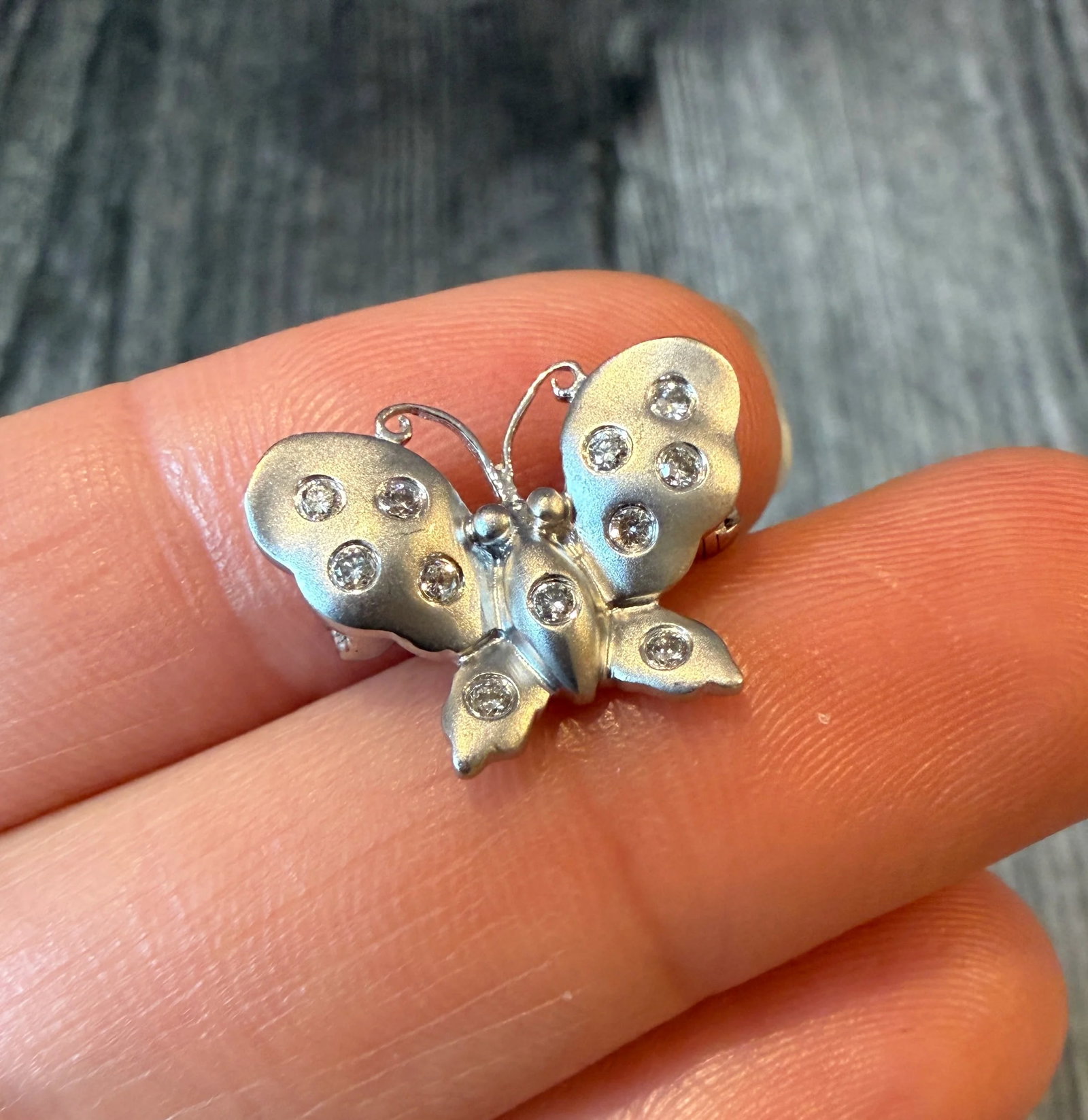 Small Diamond and 14K White Gold Butterfly Pendant and Pin (S): Metal: 14K White GoldWeight: 2.6 gramsMeasurements: 0.5 inches long by 0.75 inches Diamonds: Approximately 0.11 caratsMarkings: "14K 585"Condition: In very good condition with some minor surface wear 