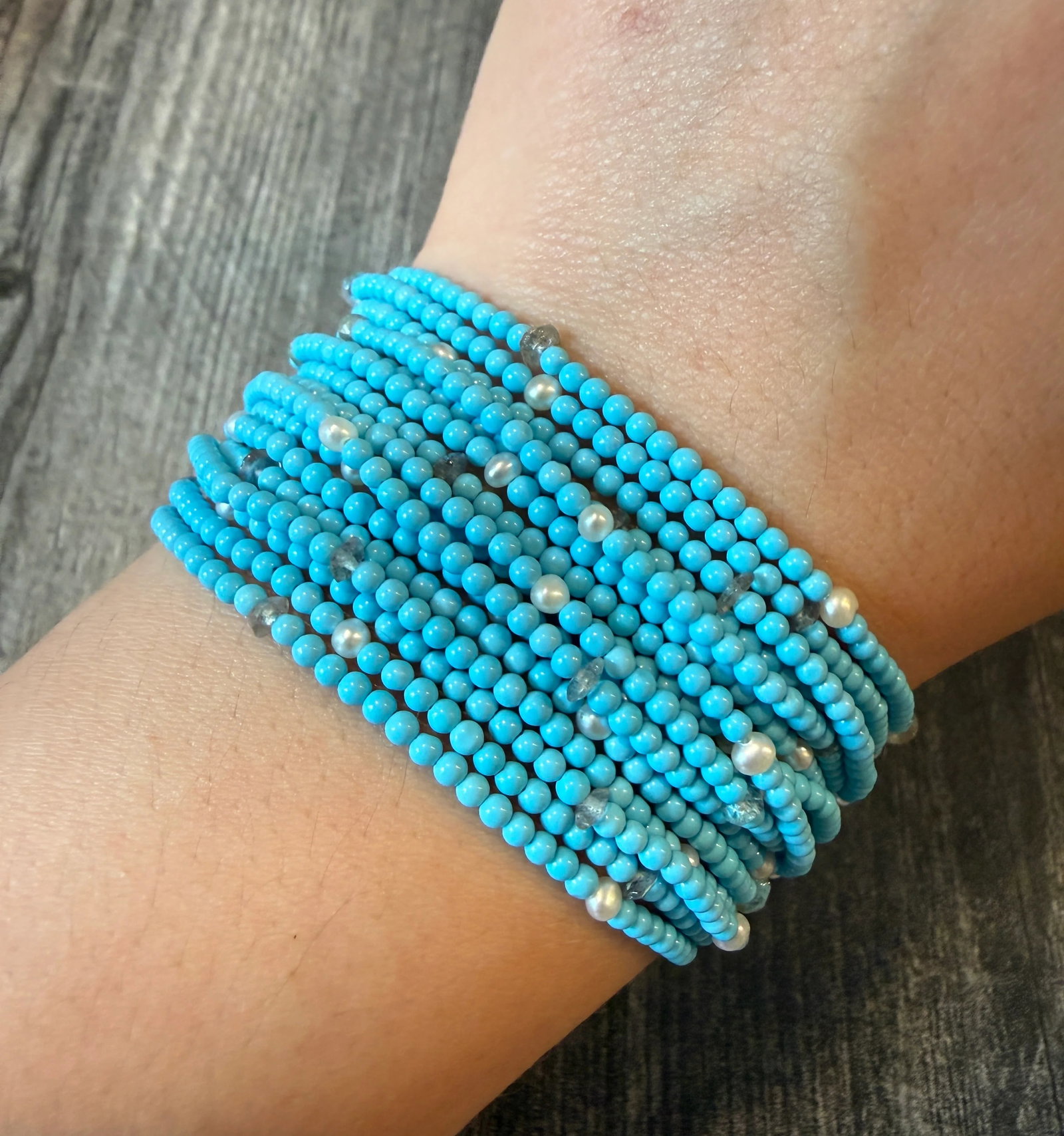 Multistrand Bead Turquoise, Pearl and Labradorite Bracelet with 18K Gold Clasp: Metal: 18K White Gold Weight: 20.9 gramsMeasurements: 7 inches long (fits a little smaller due to width; can be even shorter if worn twisted)Markings: "750"Condition: In good condition with some minor