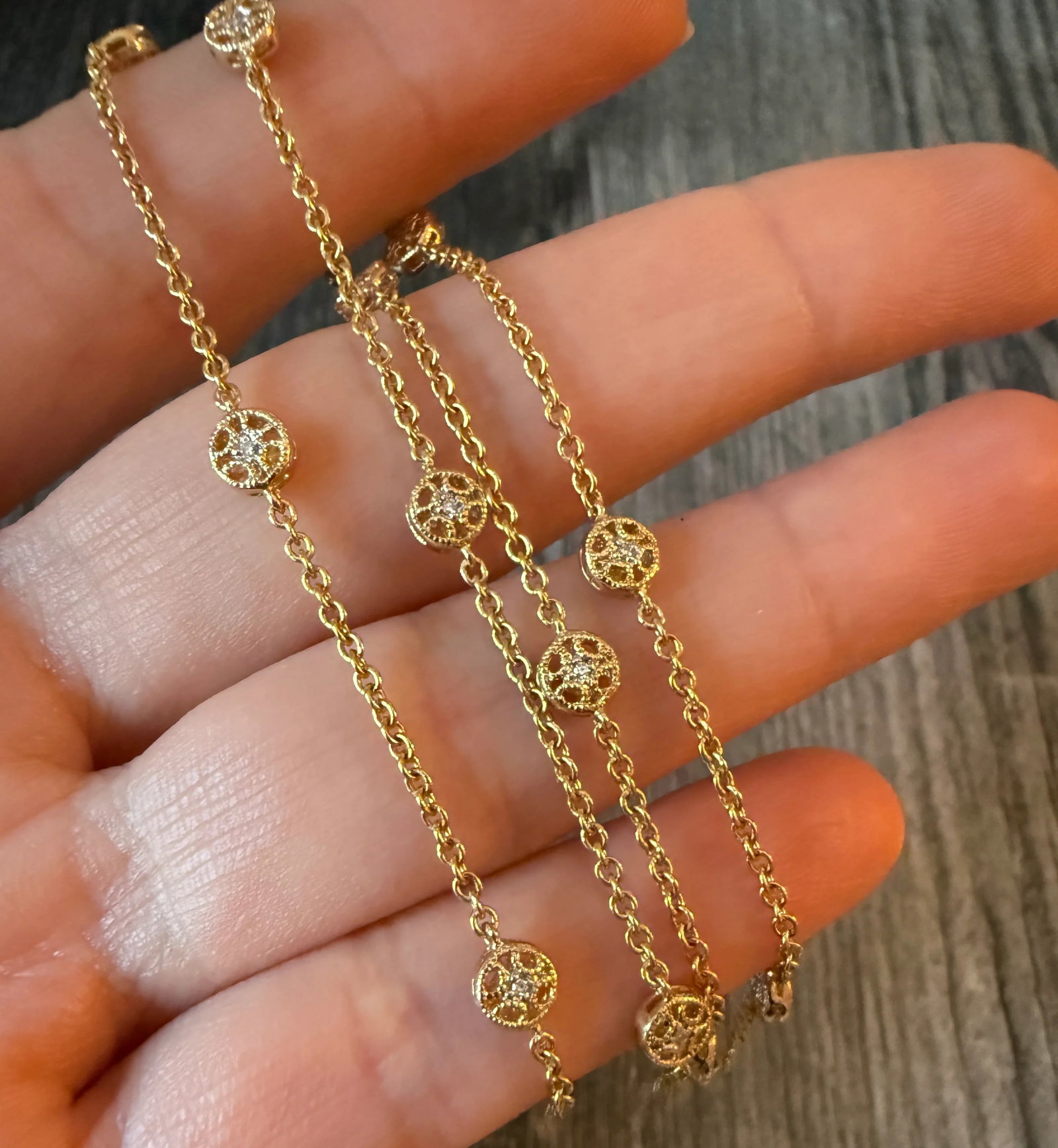 Diamond Station and 14K Gold Chain, 18" Long: Metal: 14K Yellow and White Gold Weight: 5.7 gramsDiamonds: Approximately 0.12 carats Measurements: 18 inches long by 5 mm wide diamond stationsMarkings: "585 14K"Condition: In very good condition wit