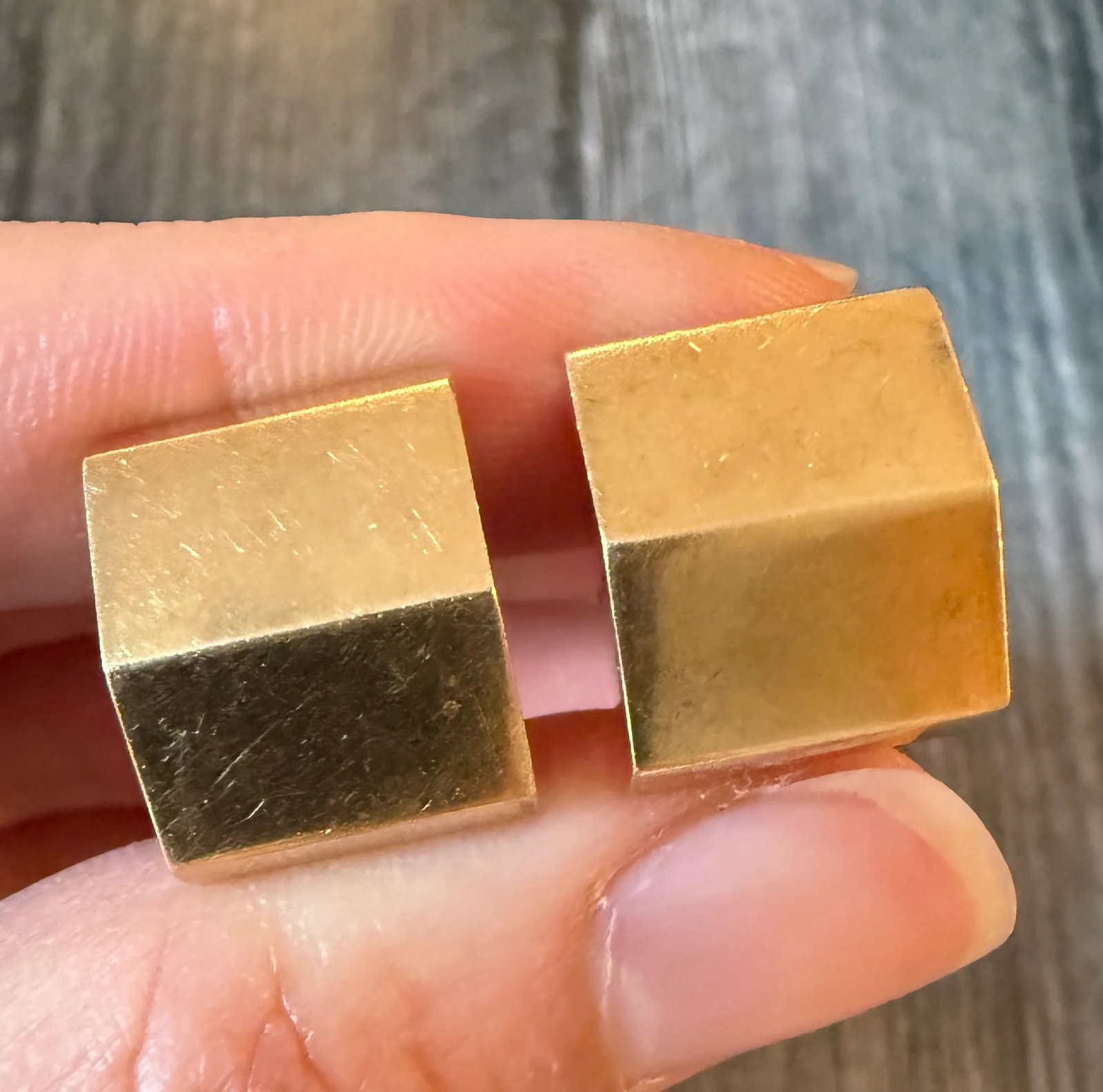 Rad Geometric 14K Gold Blocky Earrings: Metal: 14K Yellow Gold Weight: 7 gramsMeasurements: 0.7 inches long by 0.55 inches wide Markings: "14K"Condition: In good vintage condition with some surface wear and scratches consistent with age.Fol