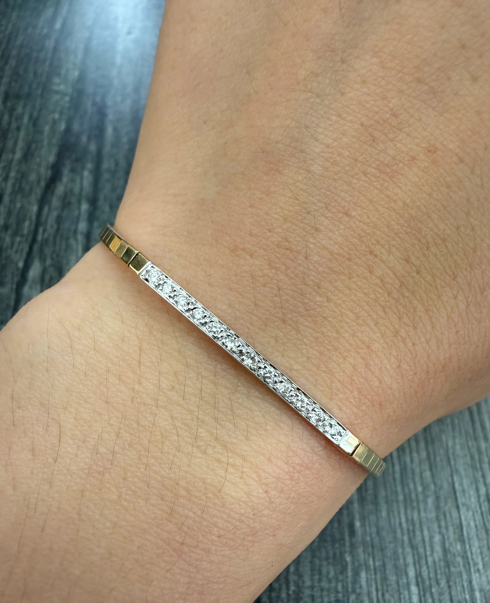 Light Catching Diamond and 14K Gold Square Link Bracelet: Metal: 14K Yellow and White Gold Weight: 7.1 gramsDiamonds: Approximately 0.12 carats Measurements: 7 inches long by 2.5 mm wideMarkings: "14K"Condition: In very good vintage condition with some minor
