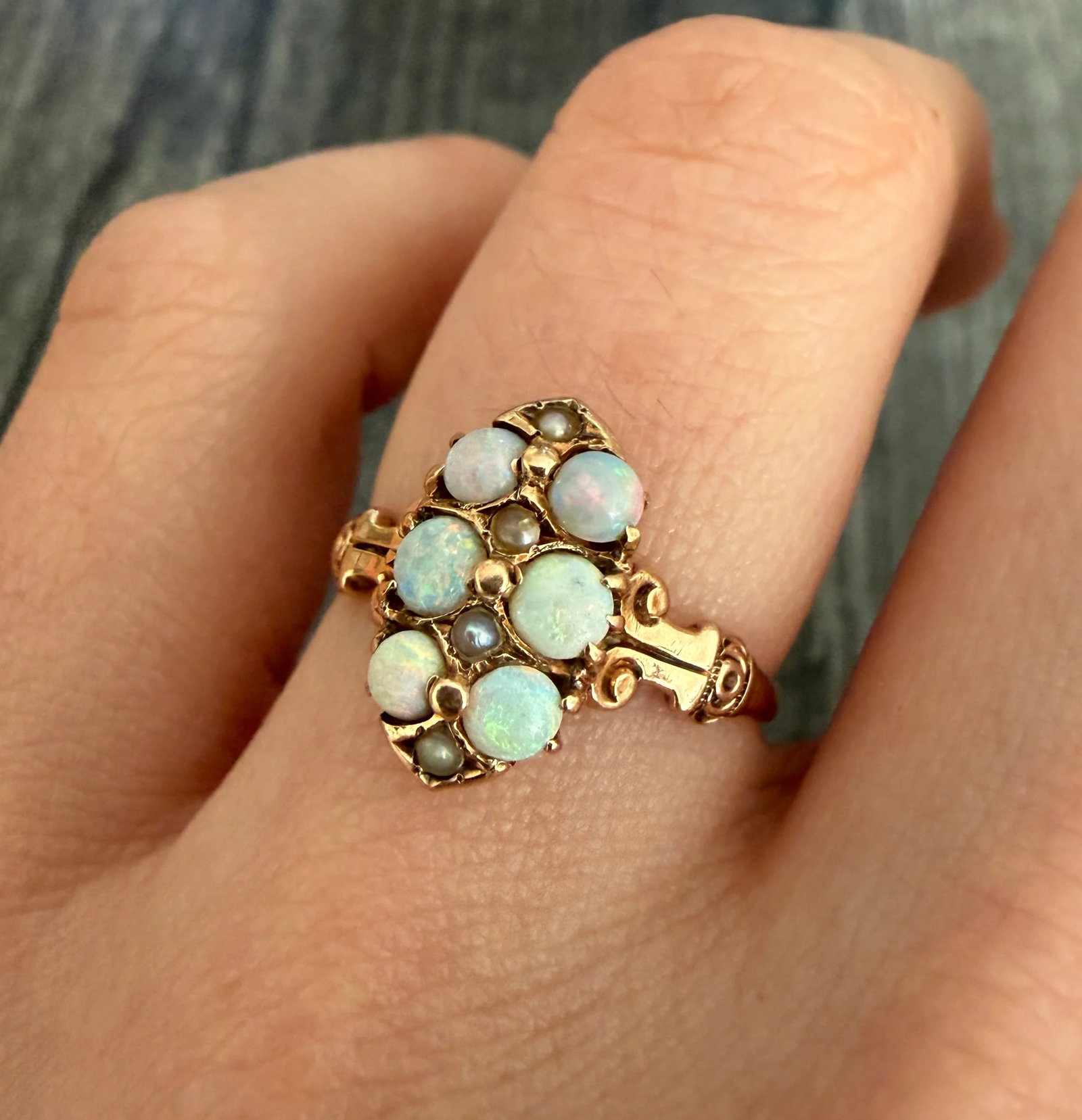 Victorian Opal and Pearl Navette Style Ring: Metal: 10K Gold Weight: 2.2 gramsRing Size: 6.5 (resizable)Condition: In good antique condition with possibly a previous resizing doneFollow us on Instagram @alphaomegajewelry for the latest updates
