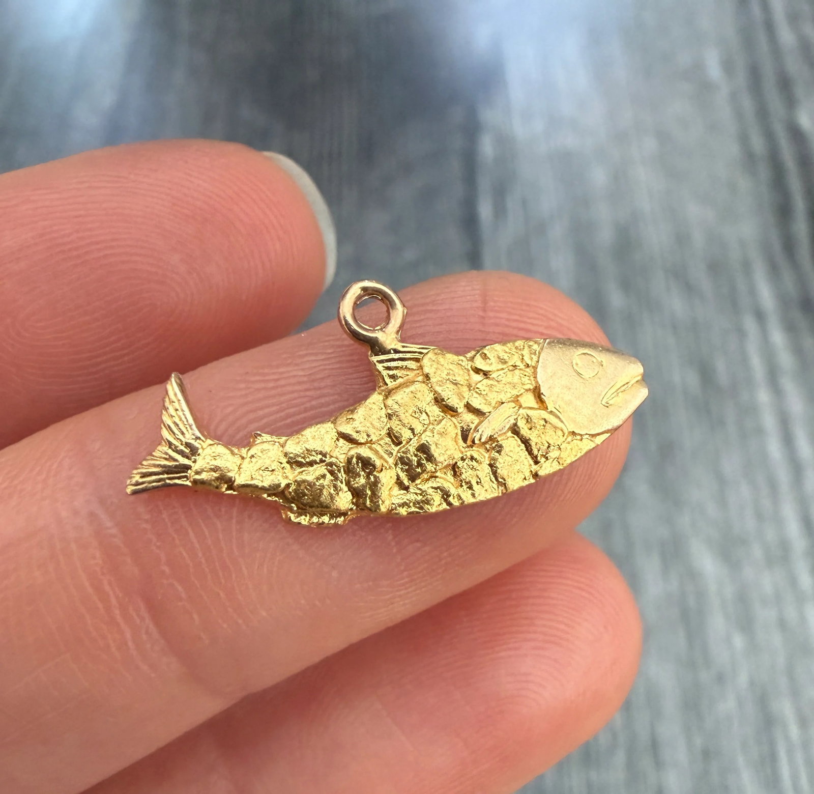 Vintage Alaska Gold Rush Nugget Style 10K Gold Salmon Fish Charm: Metal: 10K Yellow Gold (acid tested)Weight: 1.4 gramsMeasurements: 0.3 inches long by 0.95 inches wideMarkings: "10K"Condition: In good vintage condition with some minor surface wear consistent with