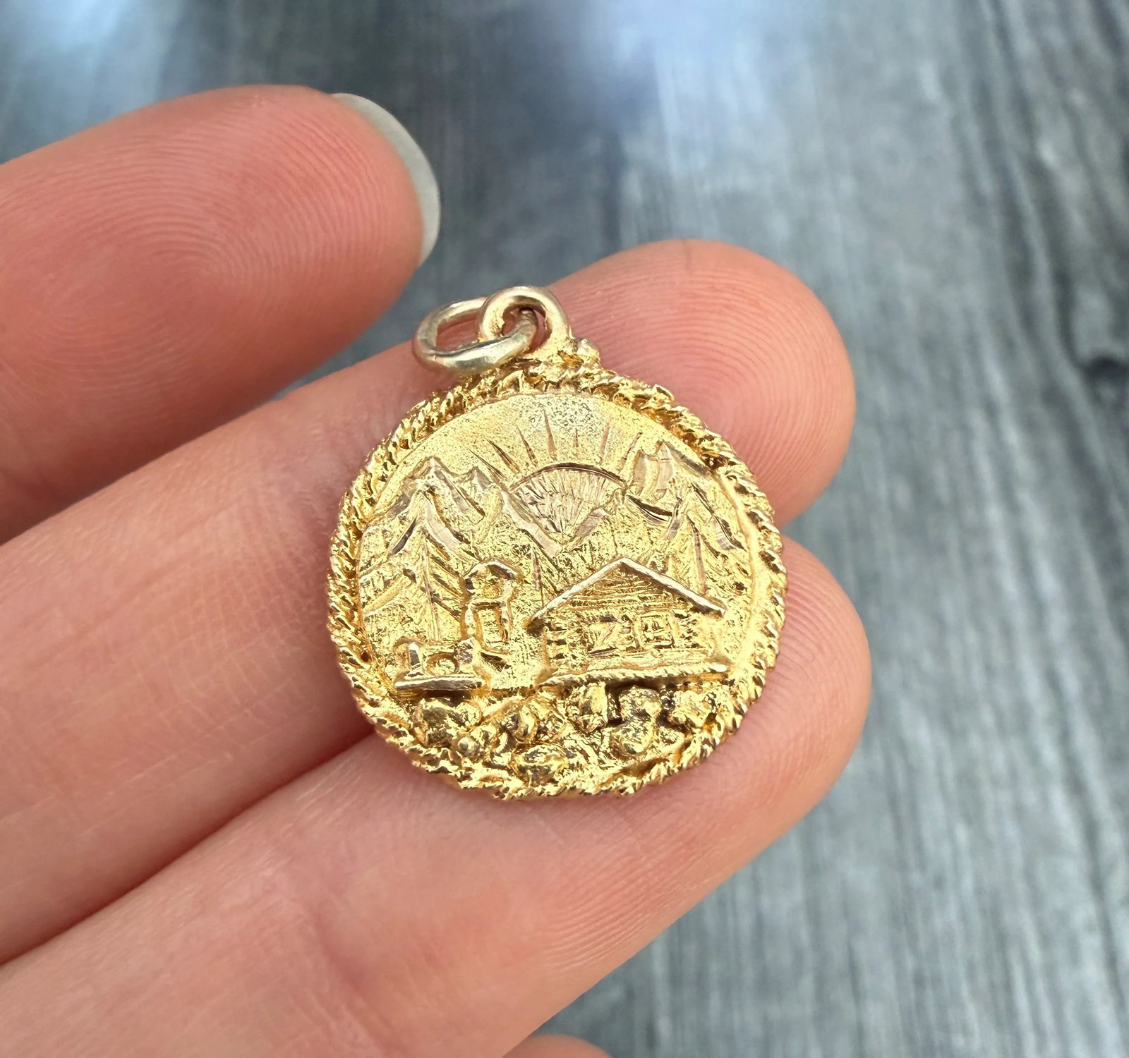 Vintage Alaska Gold Rush Mountain Scenery Charm in 10K Gold: Metal: 10K Yellow Gold Weight: 3.1 gramsMeasurements: 0.75 inch diameter Markings: "10K"Condition: In good vintage condition with some minor surface wear consistent with ageFollow us on Instagram