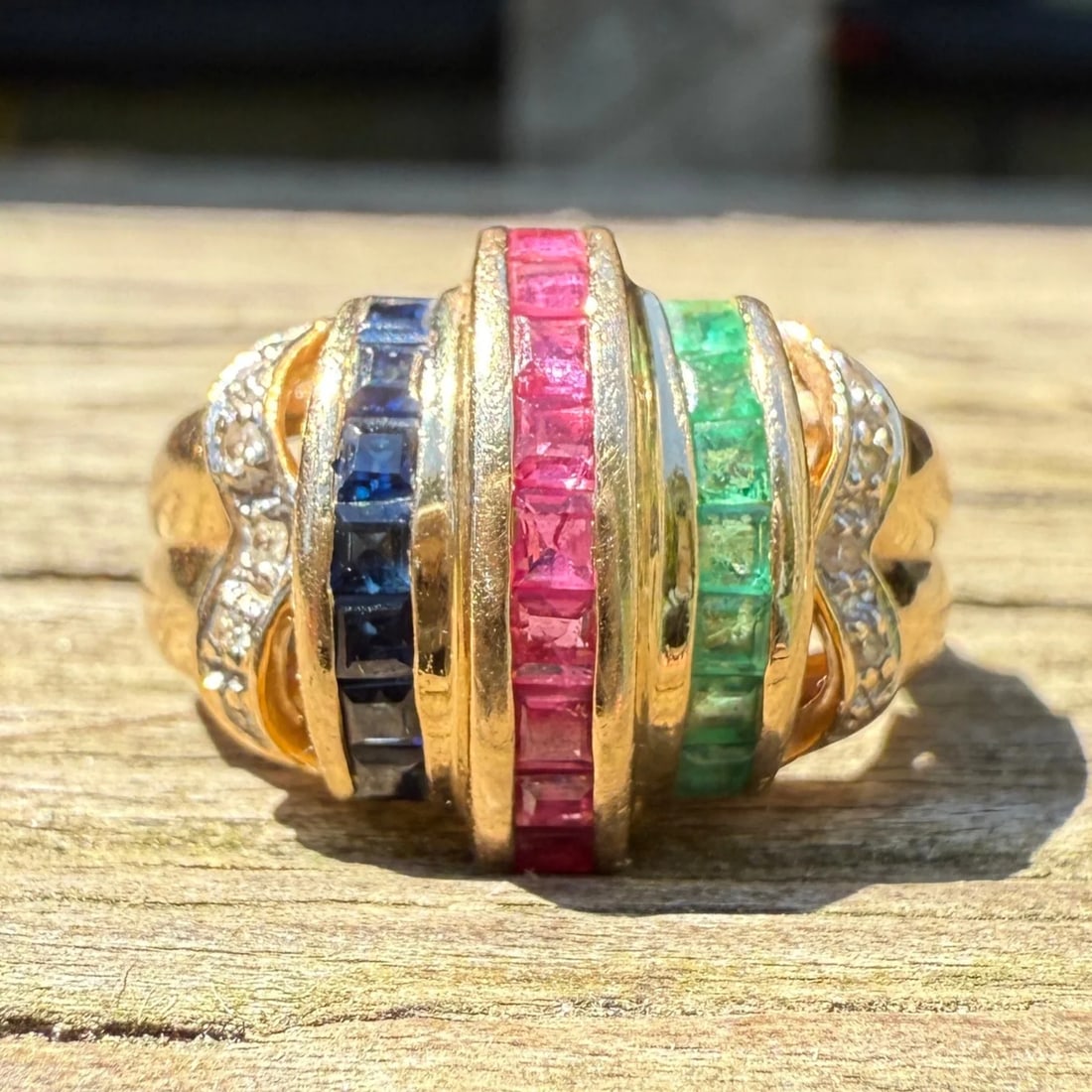 Vintage Ruby, Sapphire, Emerald, and Diamond Dome Ring (1 of 1)