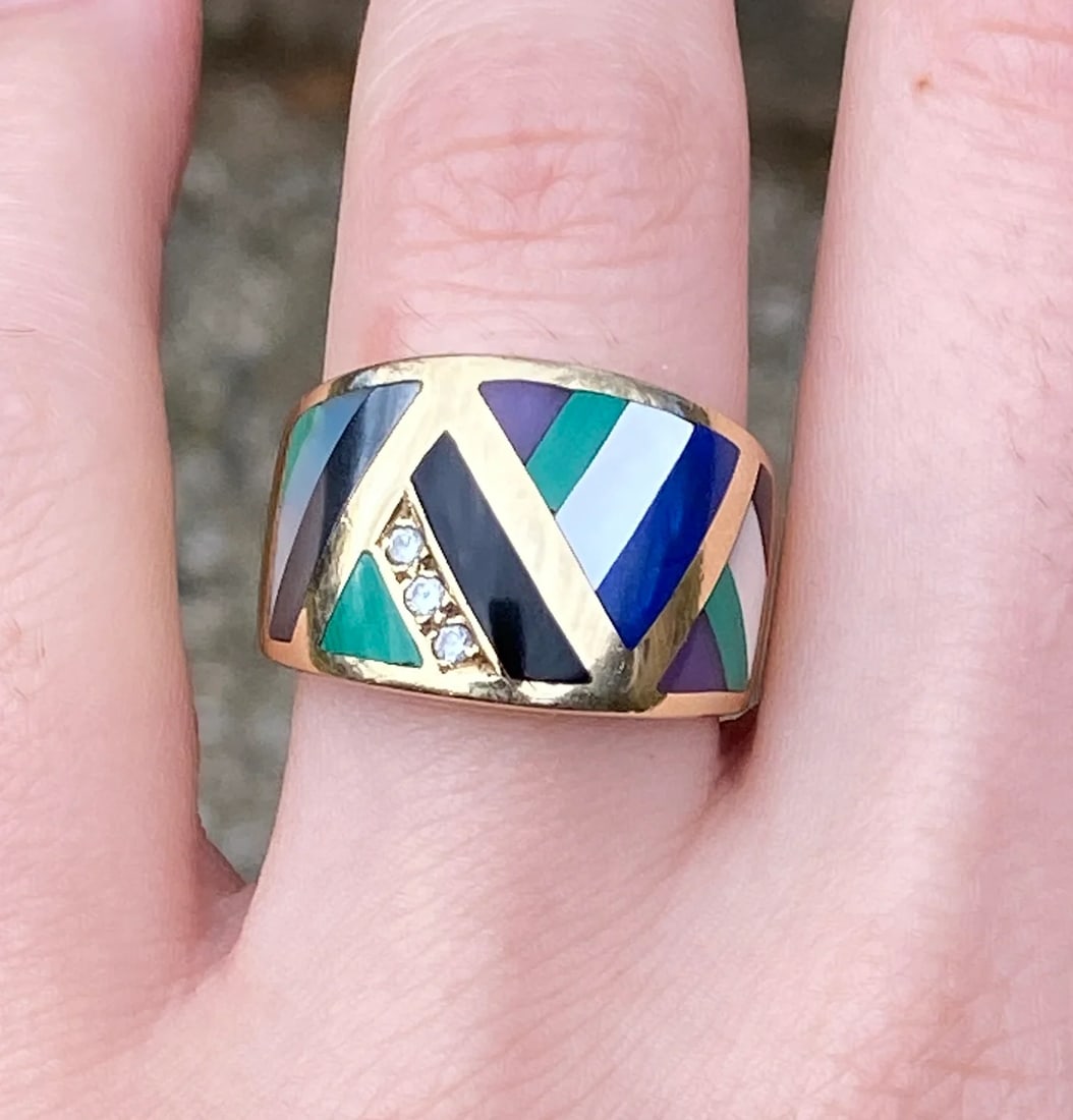 Asch Grossbardt 14K Gold, Inlaid Gemstone, and Diamond Geometric Ring: A vintage 14K gold ring with cool inlaid hard gemstones arranged in a geometric pattern by American maker Asch Grossbardt. The carved gems include malachite, mother of pearl, lapis lazuli, onyx, hemat