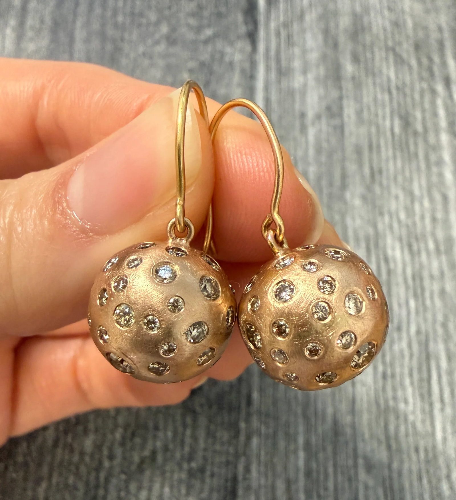 LJ Cross Diamond Etoile and 14K Rose Gold Ball Dangle Earrings: Metal: 14K Rose GoldWeight: 12.2 gramsDiamonds: Approx 3.46 caratsGold Ball: 14 mm diameter Measurements: 1.2 inches longMarkings: "585" with maker's markCondition: In good condition with some surface