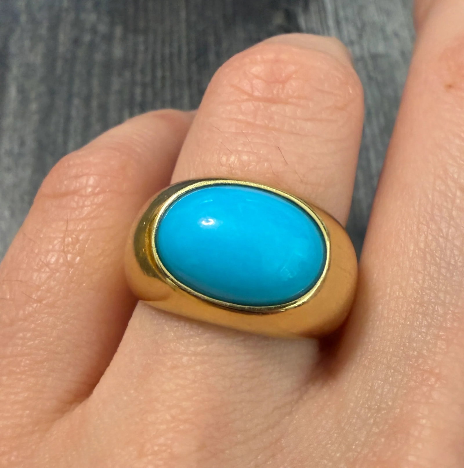 Vintage Turquoise and 18K Gold Flush Set Ring: Metal: 18K Yellow Gold Weight: 11.2 gramsRing Size: 7.25 (resizable)Markings: Italian HallmarksCondition: In good condition with some minor surface wearFollow us on Instagram @alphaomegajewelry for th