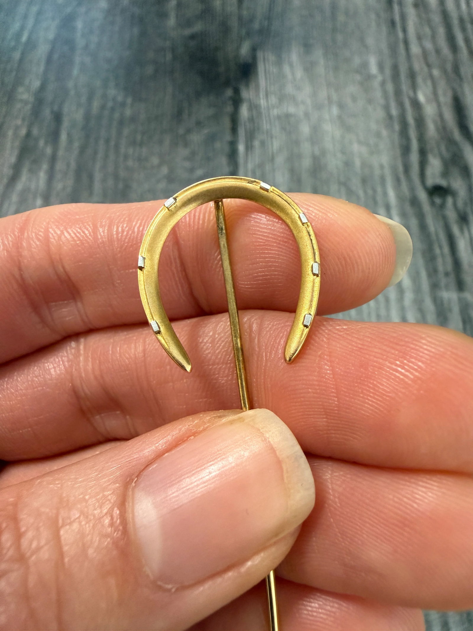Vintage 14K Gold Horseshoe Stick Pin (M): Metal: 14K Yellow & White Gold (Acid Tested)Weight: 2 gramsMeasurements: 2.5 inches long by 0.75 inches wideEasily converted into a charm for $40Condition: In very good vintage condition with some min