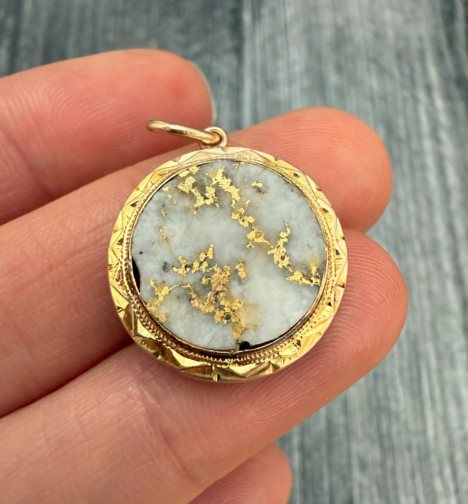 Antique Gold in Quartz and 14K Gold Charm: Metal: 14K Yellow Gold (acid tested)Weight: 3.3 gramsGold In Quartz: 15.5 mm diameterMeasurements: 0.8 inches diameterMarkings: NoneCondition: In fair antique condition with some small chips to the st