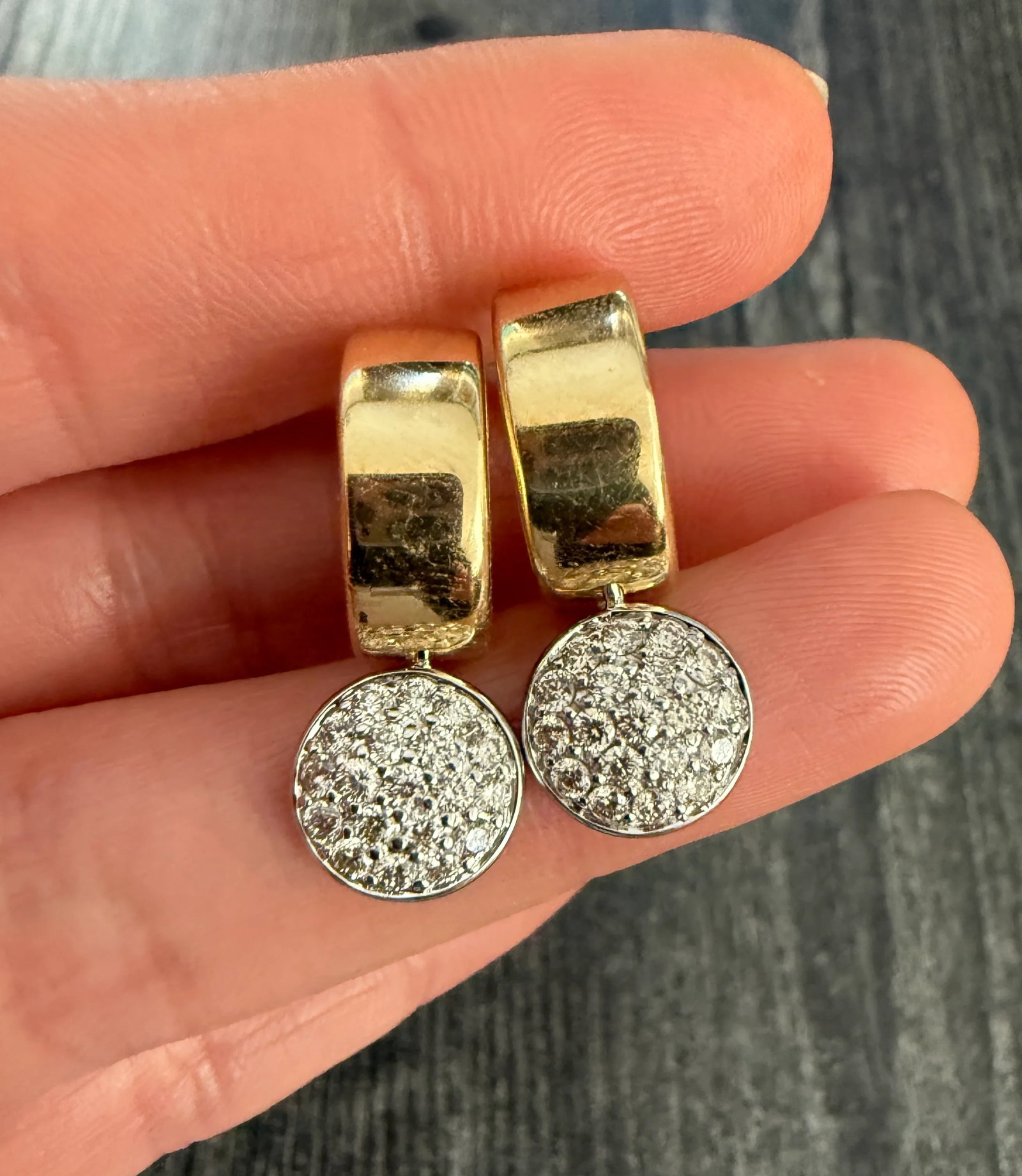 Circular Pave Diamond Dangle and 14K Gold Huggie Earrings: Metal: 14K Yellow and White GoldWeight: 8.7 gramsDiamonds: Approximately 1.52 caratsMeasurements: 1 inch long including the dangleMarkings: "14K"Condition: In very good condition with some minor surfa