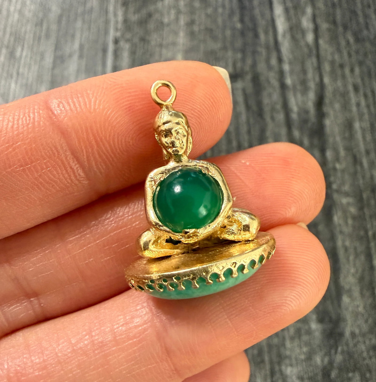 Vintage Jade and Chrysoprase Double Sided Buddha Charm, 14K Gold: Metal: 14K Yellow Gold (acid tested)Weight: 7.7 gramsMeasurements: 0.85 inches long by 0.75 inches wideMarkings: NoneCondition: In good condition with some damaged prongs. However, the stone is secure