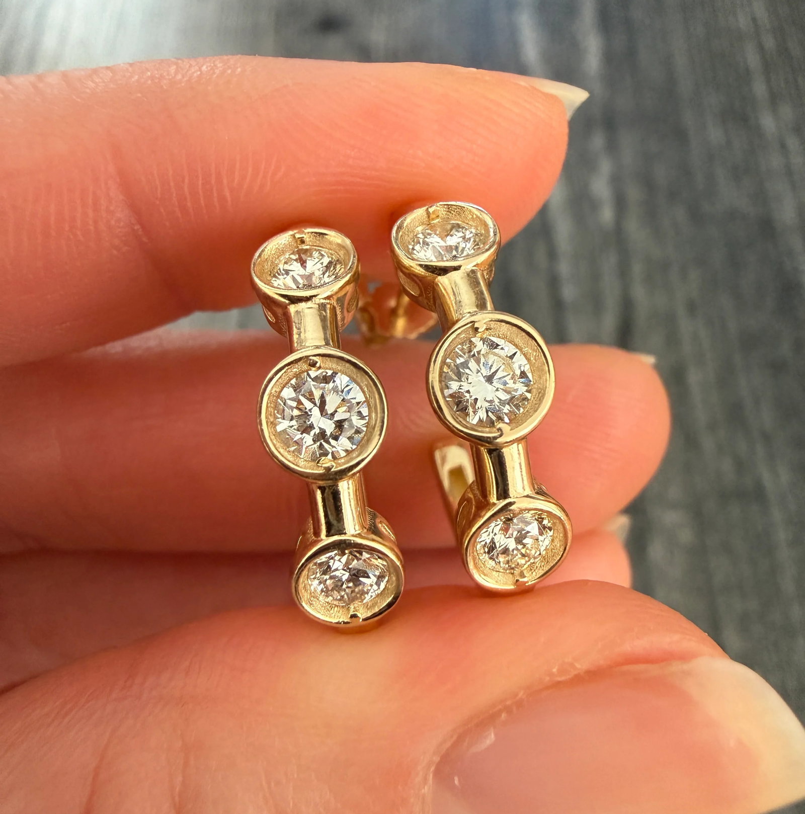 Triple Diamond and 14K Gold Huggie Earrings, 1.22 Carats (1 of 1)