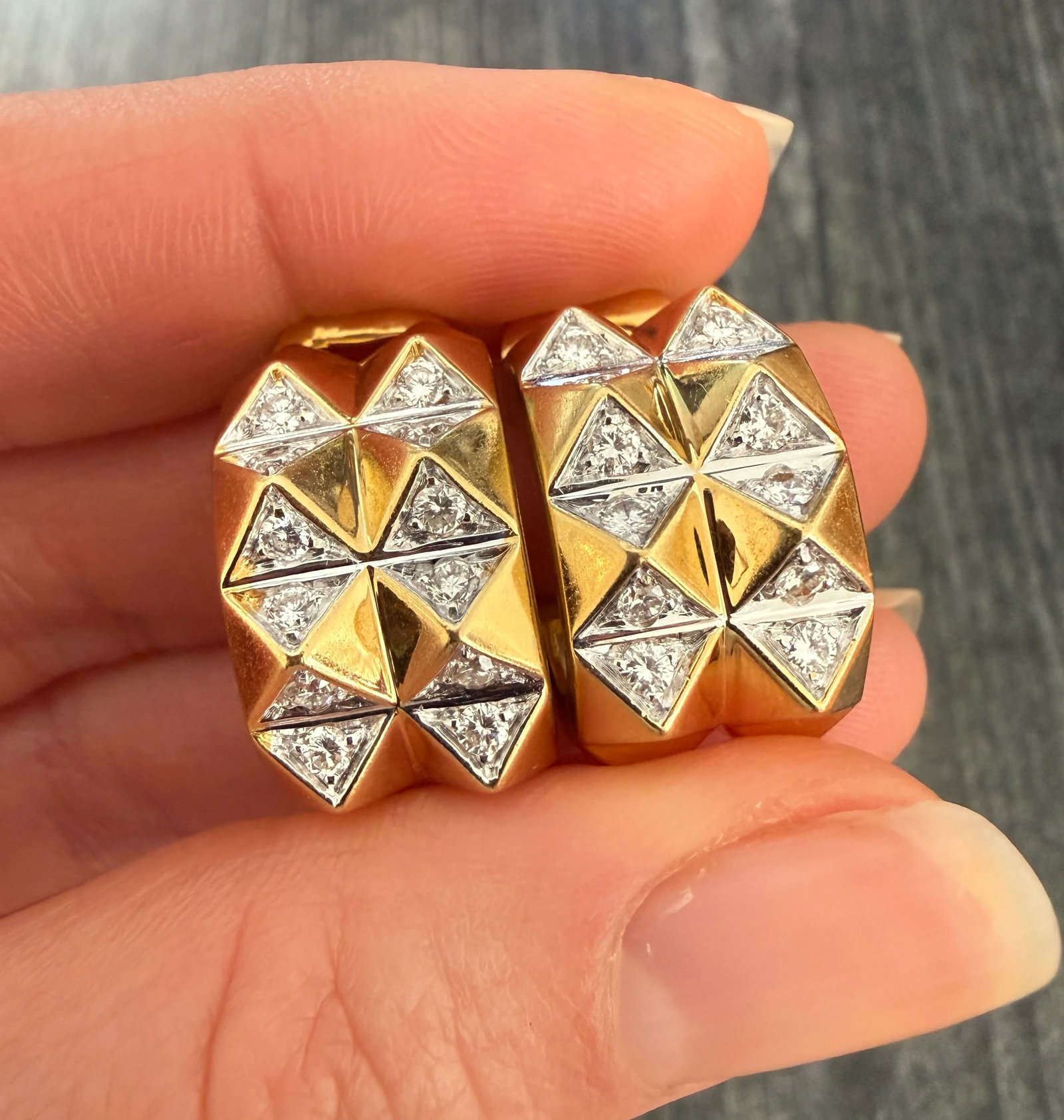 Vintage Diamond and 18K Gold Double Row Pyramid Earrings: Metal: 18K Yellow and White Gold Weight: 24.2 gramsDiamonds: Approximately 1.2 caratsMeasurements: 0.8 inches long by 0.5 inches wideMarkings: "750" and Italian MarksCondition: In very good condition 