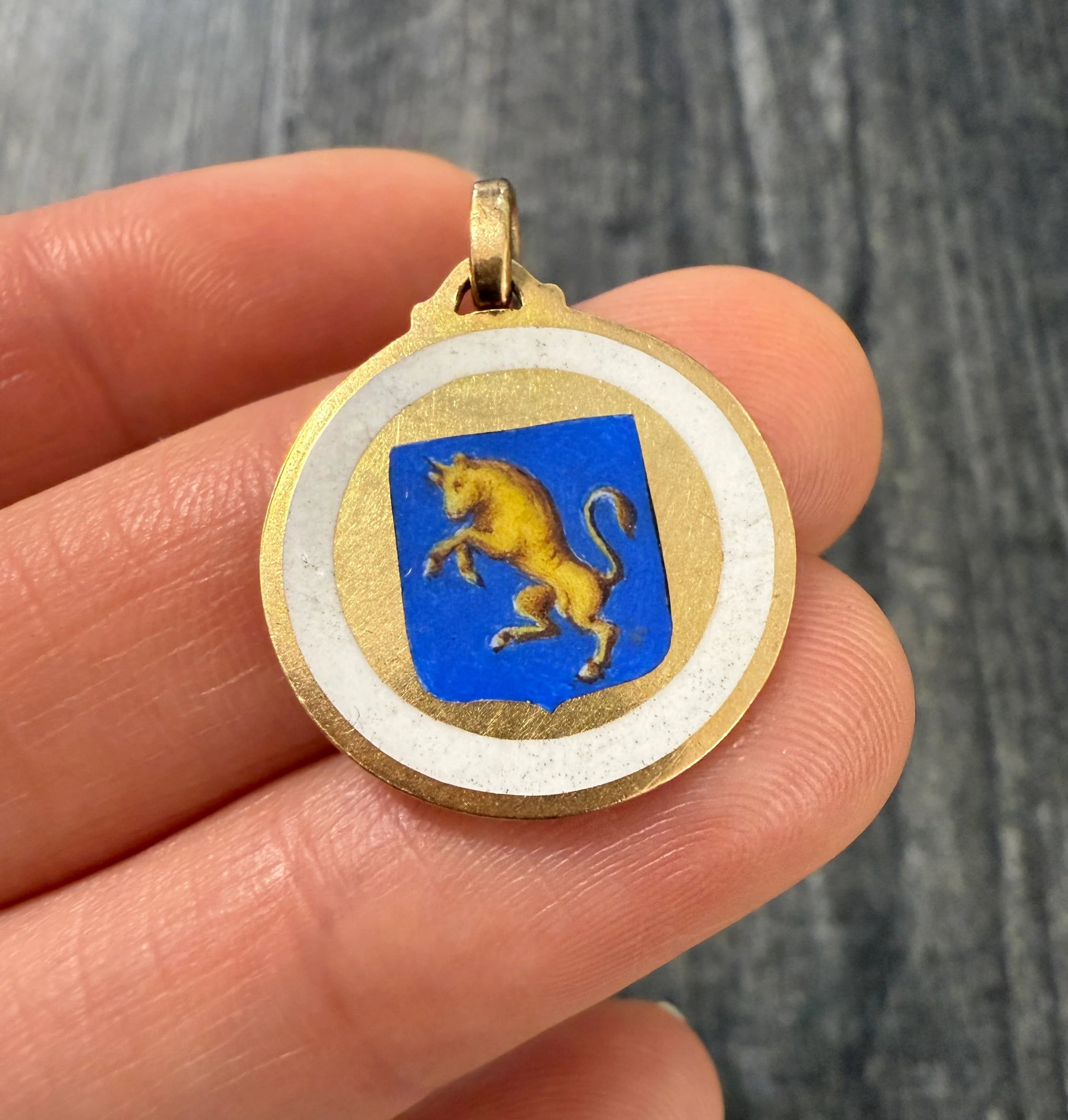 Enameled 18K Gold Coat of Arms of Torino: Metal: 18K Yellow Gold (bale is not gold)Weight: 4 gramsMeasurements: 0.8 inches diameterMarkings: "750"Condition: In very good condition with some minor surface wear consistent with age. Follow us on