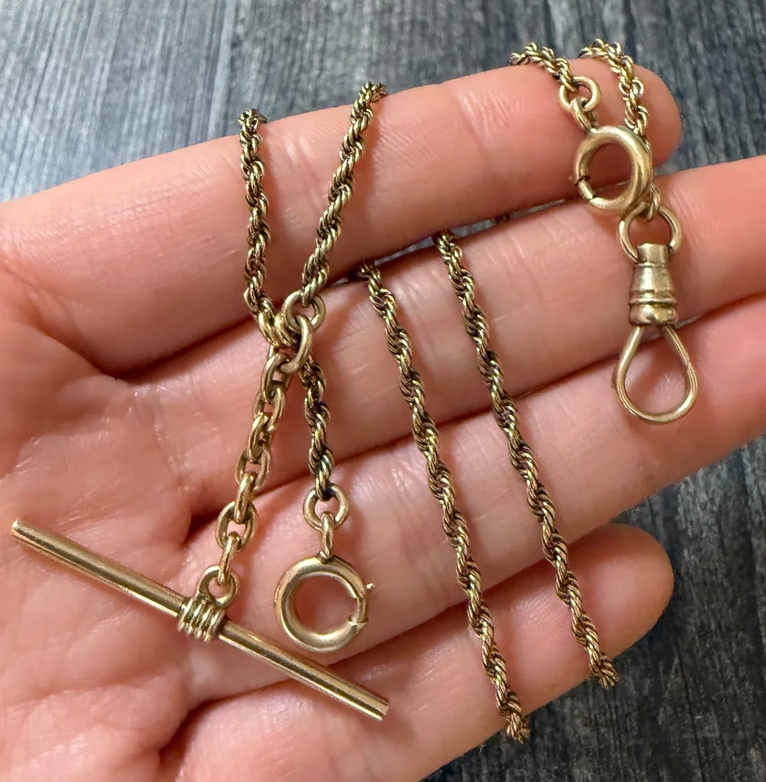 Antique 14K Gold Rope Link Watch Chain, 18" Long (1 of 1)