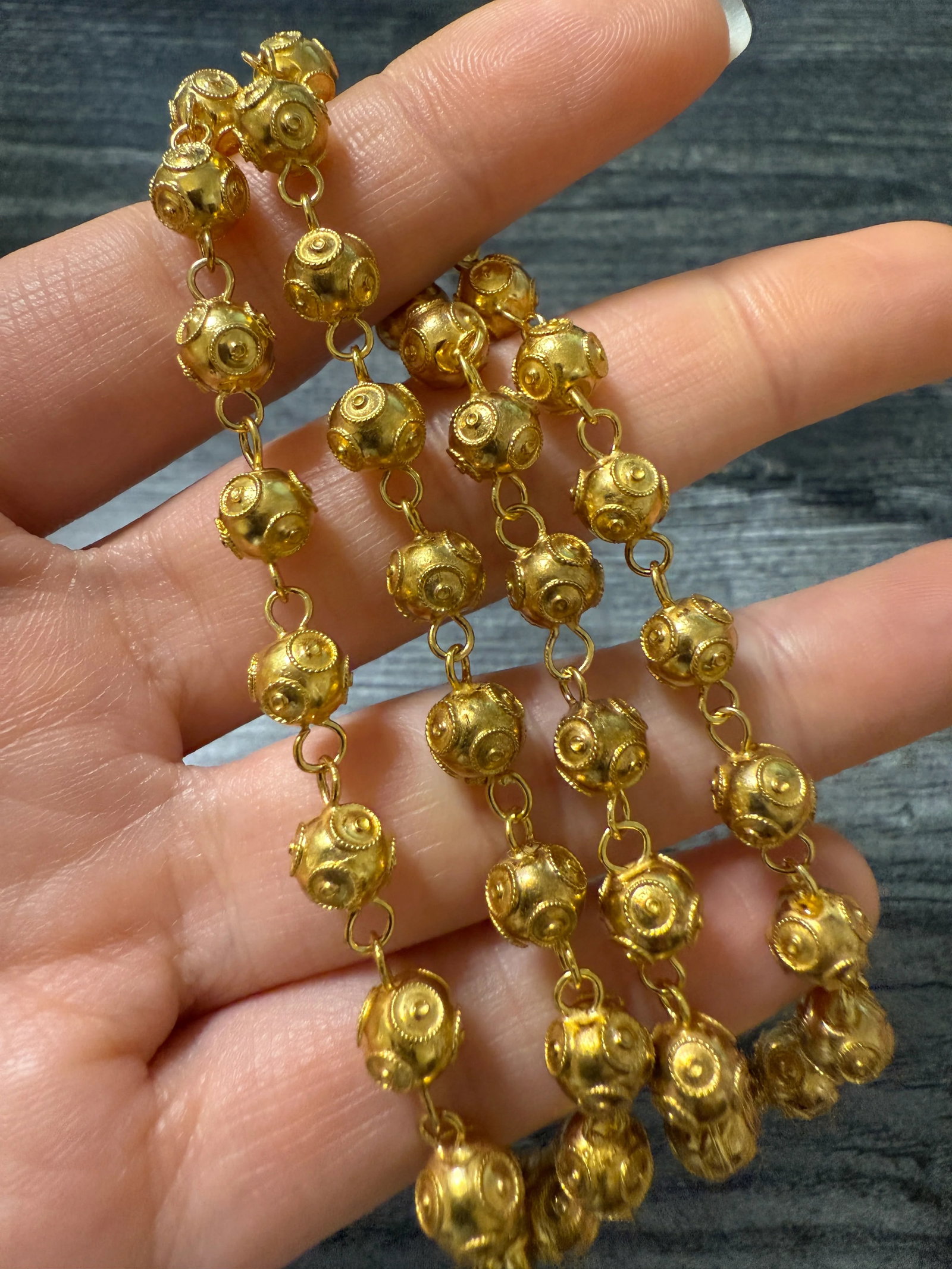 Vintage 19K Gold Portuguese Etruscan Revival Gold Ball Chain, 18.25" Long: Metal: 19K Yellow Gold Weight: 17.6 gramsMeasurements: 18.25 inches long by 7 mm wideMarkings: "800" with Portuguese deer head mark Condition: In very good condition with some minor surface wear consi
