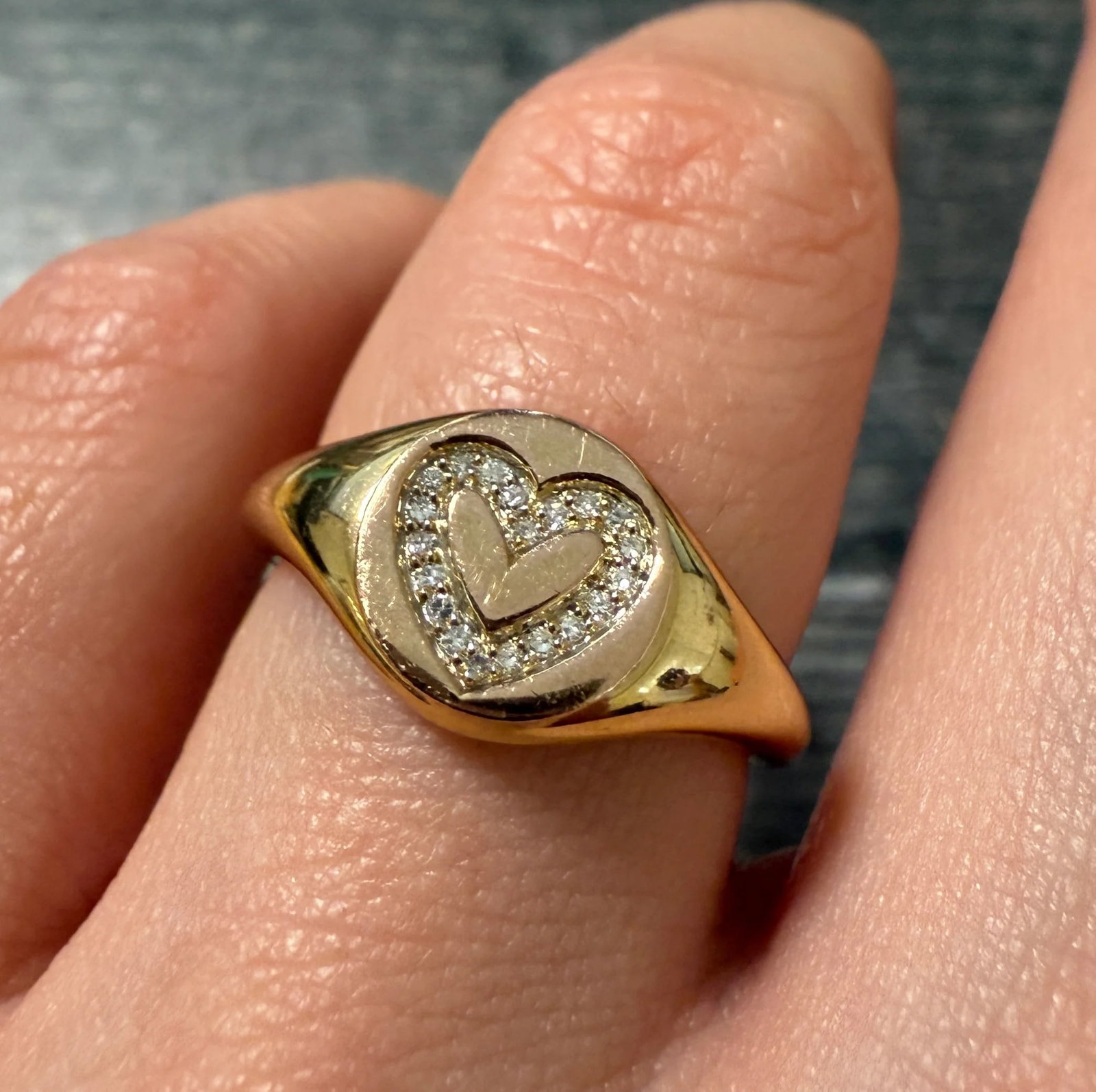 Diamond Heart and 14K Gold Signet Ring: Metal: 14K Yellow Gold Weight: 3.5 gramsRing Size: 7 (resizable)Markings: "14Kt EMA"Condition: In very good condition with some minor surface wear consistent with age. Follow us on Instagram @alphaome